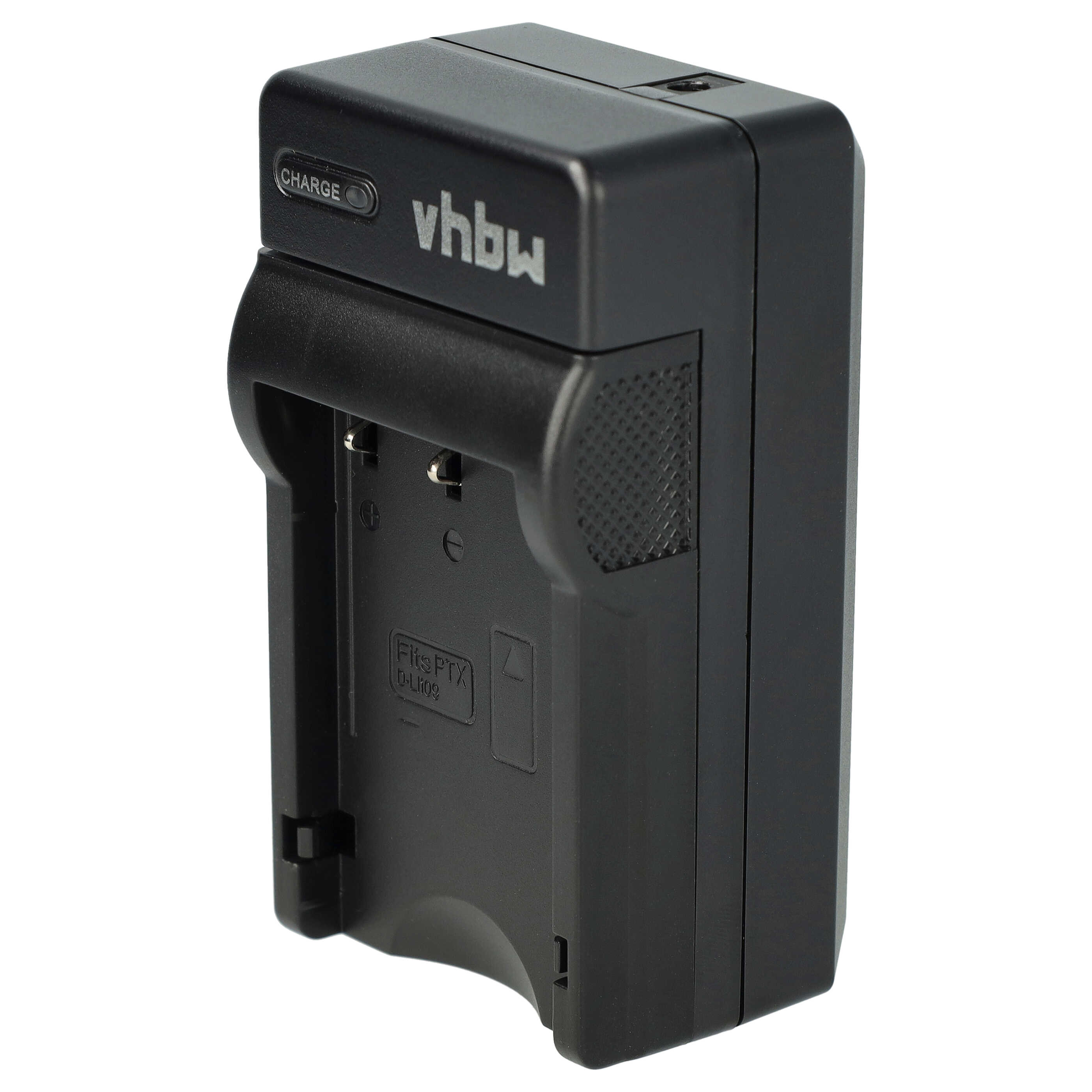 Ein schwarzes vhbw-Batterieladegerät. Es hat die Aufschriften 'CHARGE' und 'Fits PTX D-Li09'. Weißer Hintergrund.