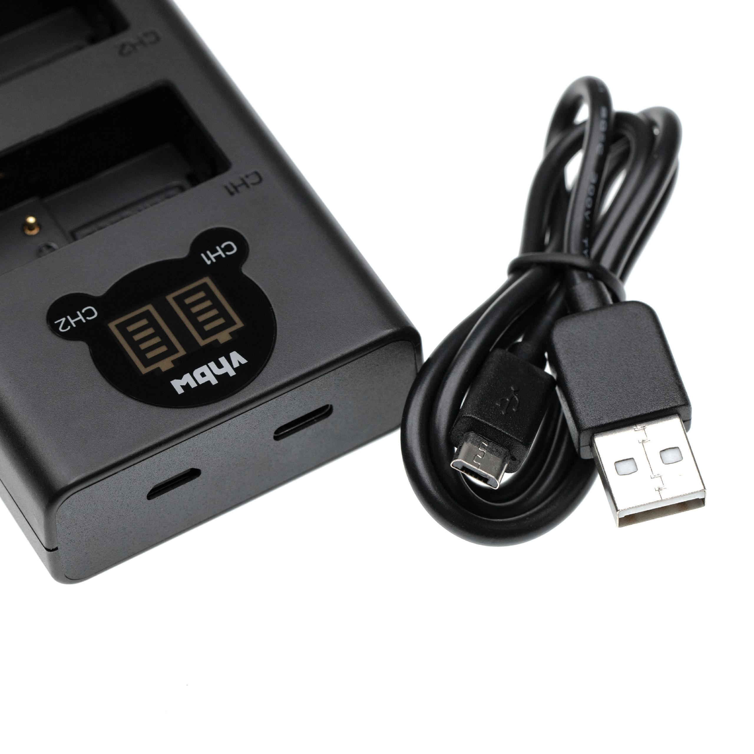 Ein schwarzes Batterieladegerät mit einem schwarzen USB-Kabel. Das Ladegerät hat zwei Steckplätze und ein Logo. Weißer Hintergrund.