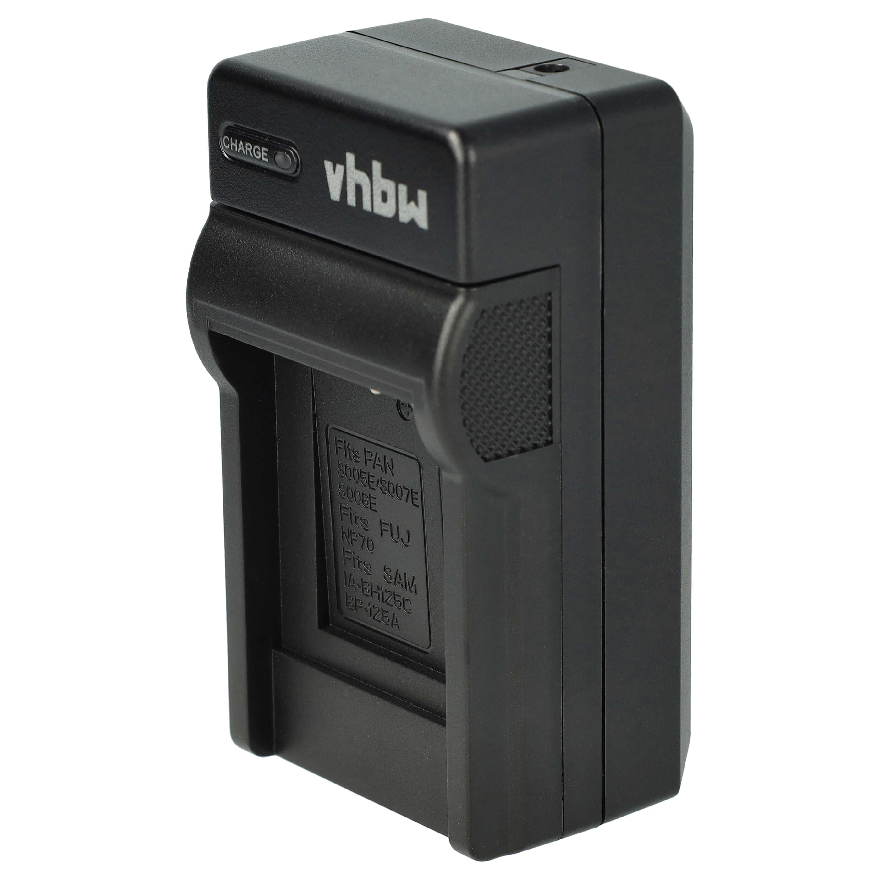 Ein schwarzes vhbw-Batterieladegerät mit Ladeanzeige. Auf dem Ladegerät steht: 'Fits PAN', 'Fits FUJ' und 'Fits SAM'.