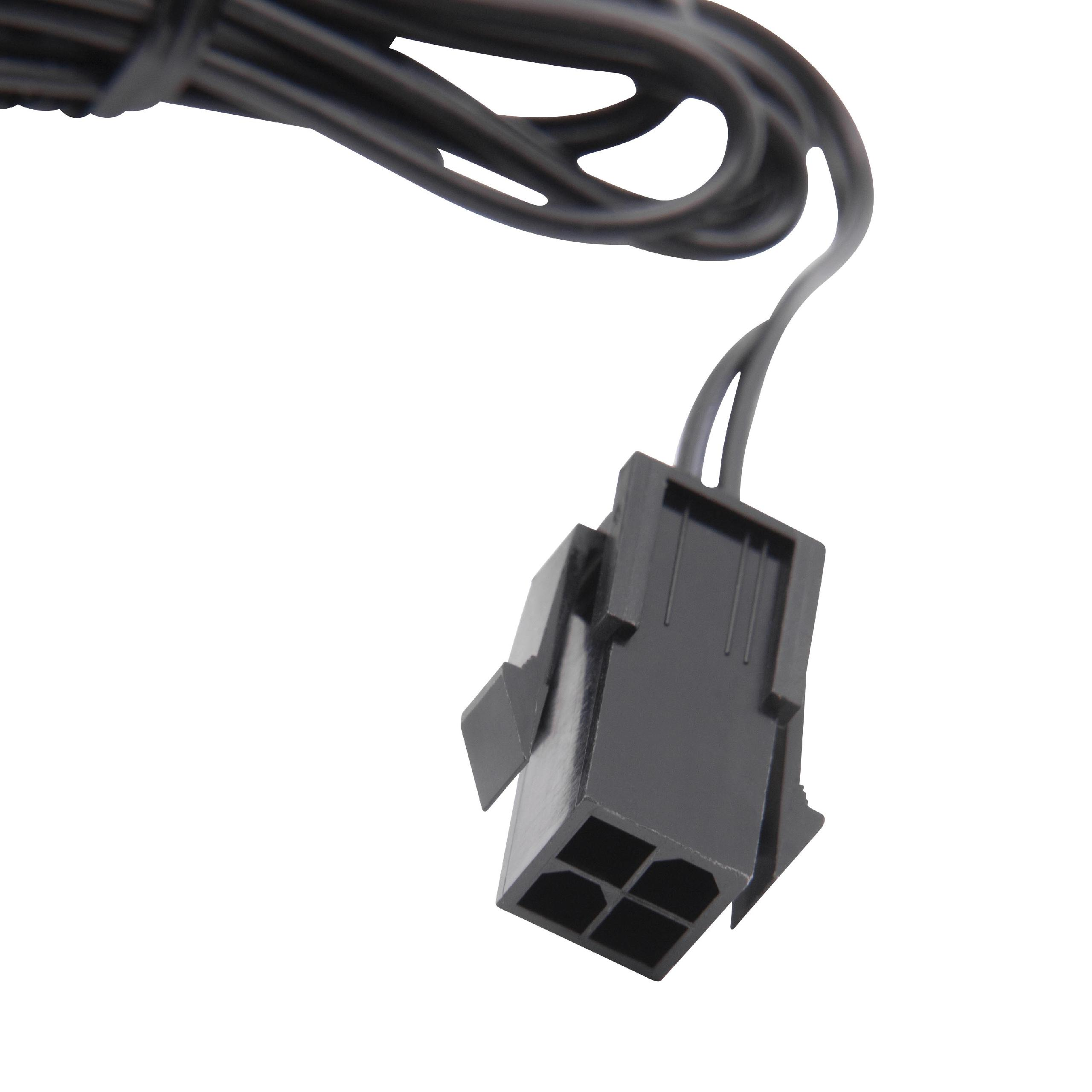 Ein schwarzer Stecker mit vier Löchern ist an einem schwarzen Kabel befestigt. Der Hintergrund ist weiß.