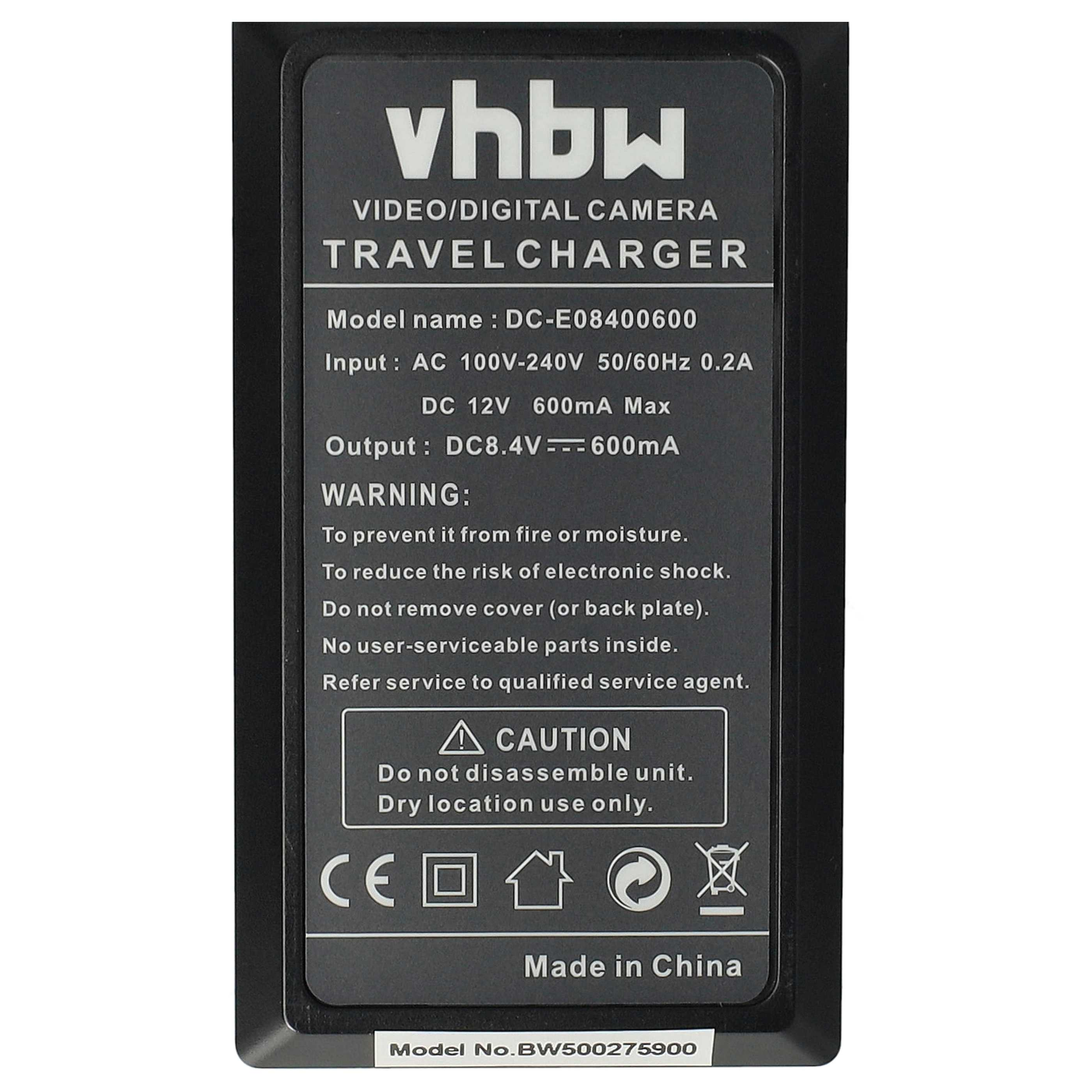 Schwarzes ReiseLadegerät mit weißem Text. Es steht vhbw, Modell DC-E08400600 und Warnhinweise. Hergestellt in China.