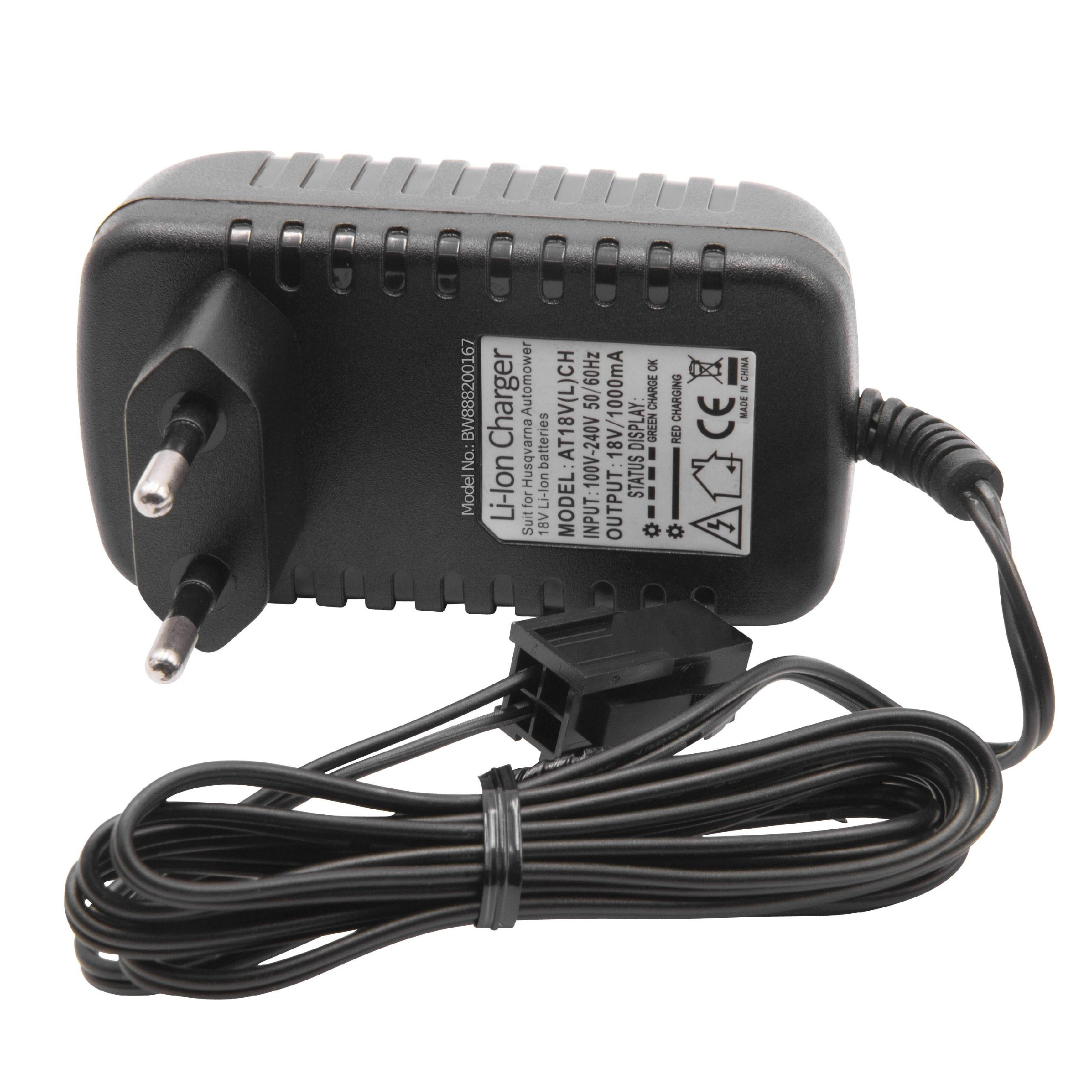 Ein schwarzes Husqvarna Li-Ion-Ladegerät mit Stecker und Kabel. Das Ladegerät hat Text, der seine Spezifikationen beschreibt.