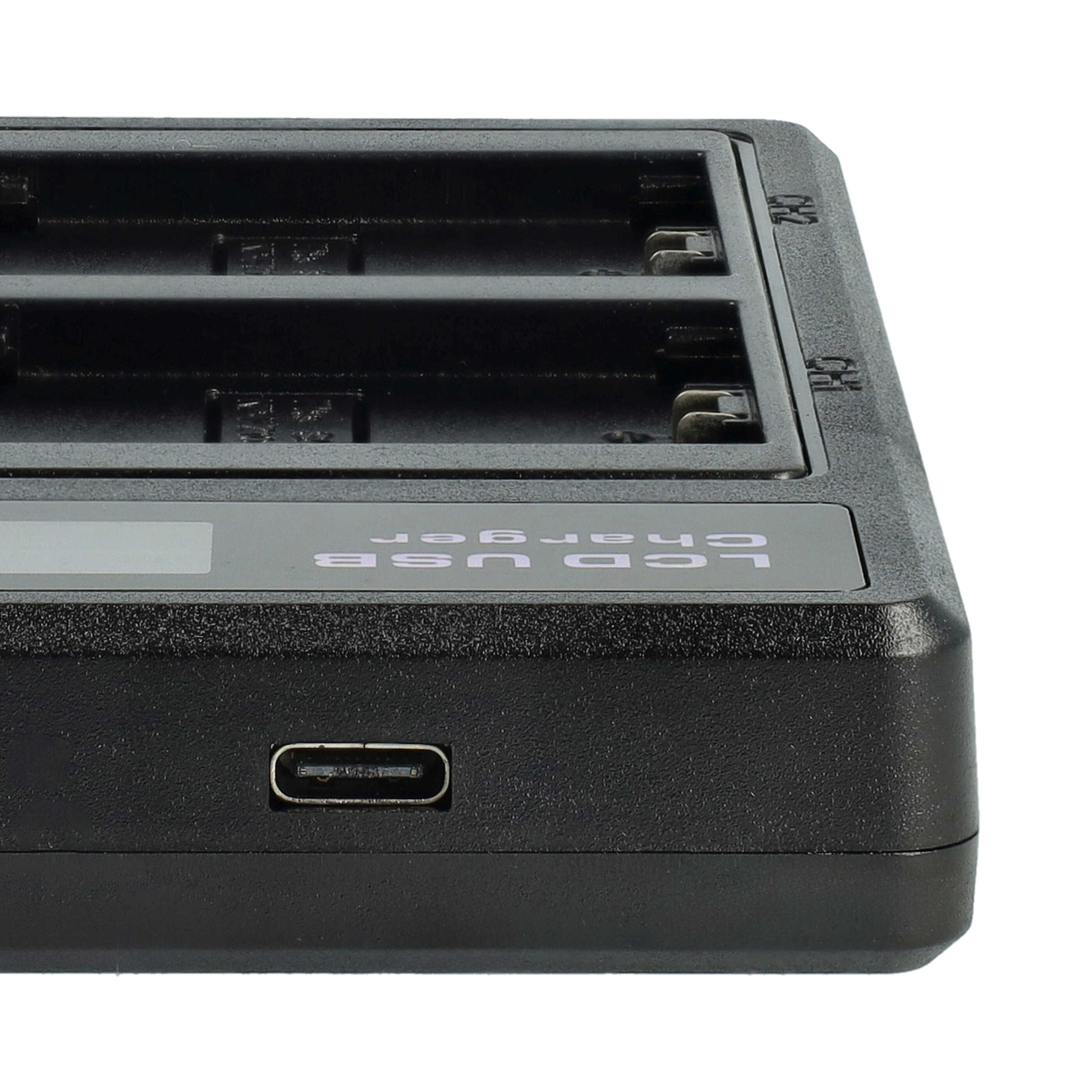 Ein schwarzes LCD-USB-Ladegerät. Es hat Ladeschlitze, einen USB-C-Anschluss und Text, der 'LCD USB charger' lautet.