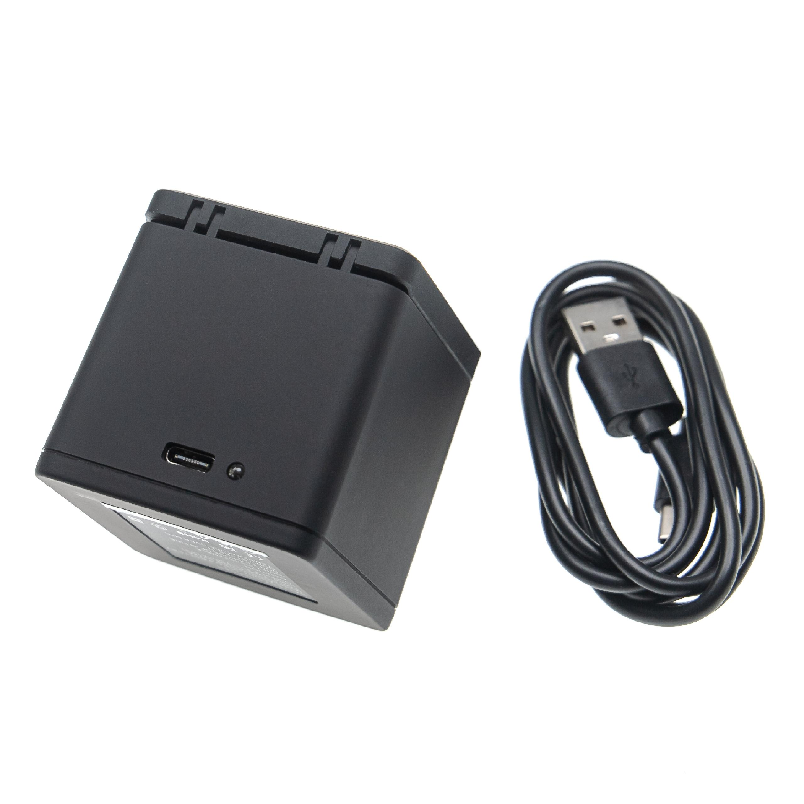 Schwarzes Würfelgerät mit USB-C-Anschluss und ein schwarzes USB-Kabel in der Nähe aufgerollt. Weißer Hintergrund.
