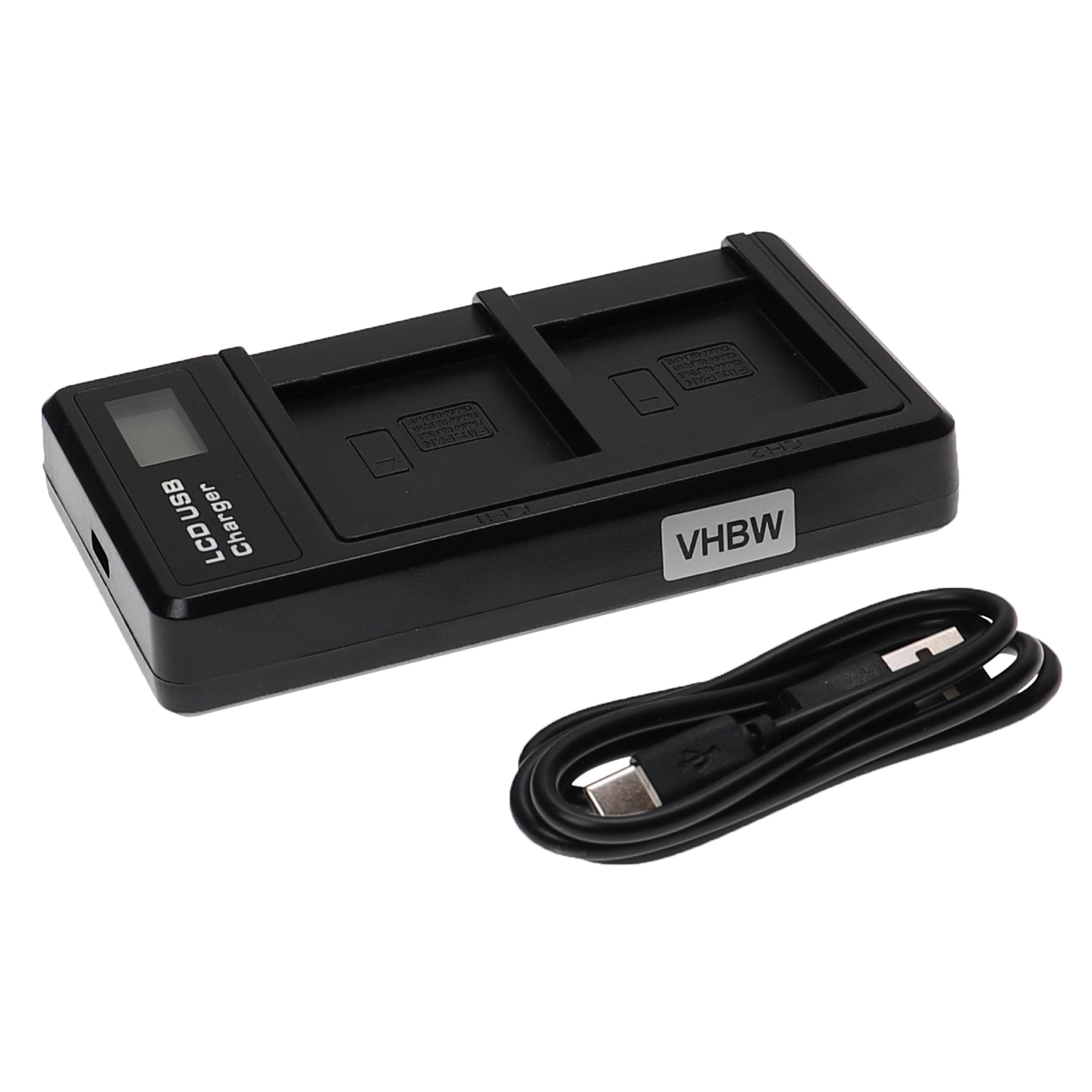 Schwarzes LCD-USB-Ladegerät mit zwei Steckplätzen, VHBW-Etikett und USB-Kabel auf weißem Hintergrund.