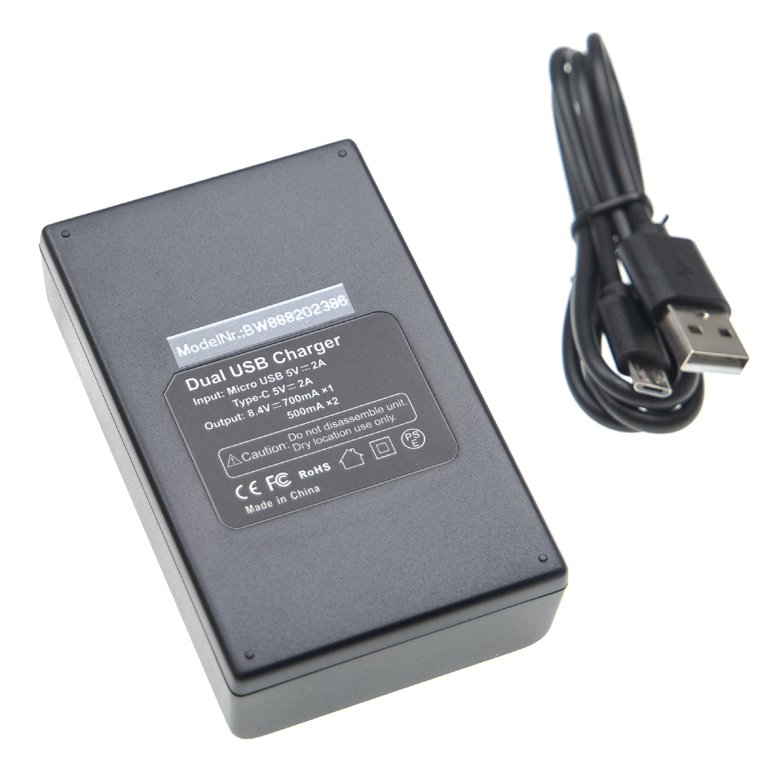 Schwarzes Dual-USB-Ladegerät mit Kabel. Das Ladegerät hat Eingangs-/Ausgangsdetails und Warnhinweise. Weißer Hintergrund.