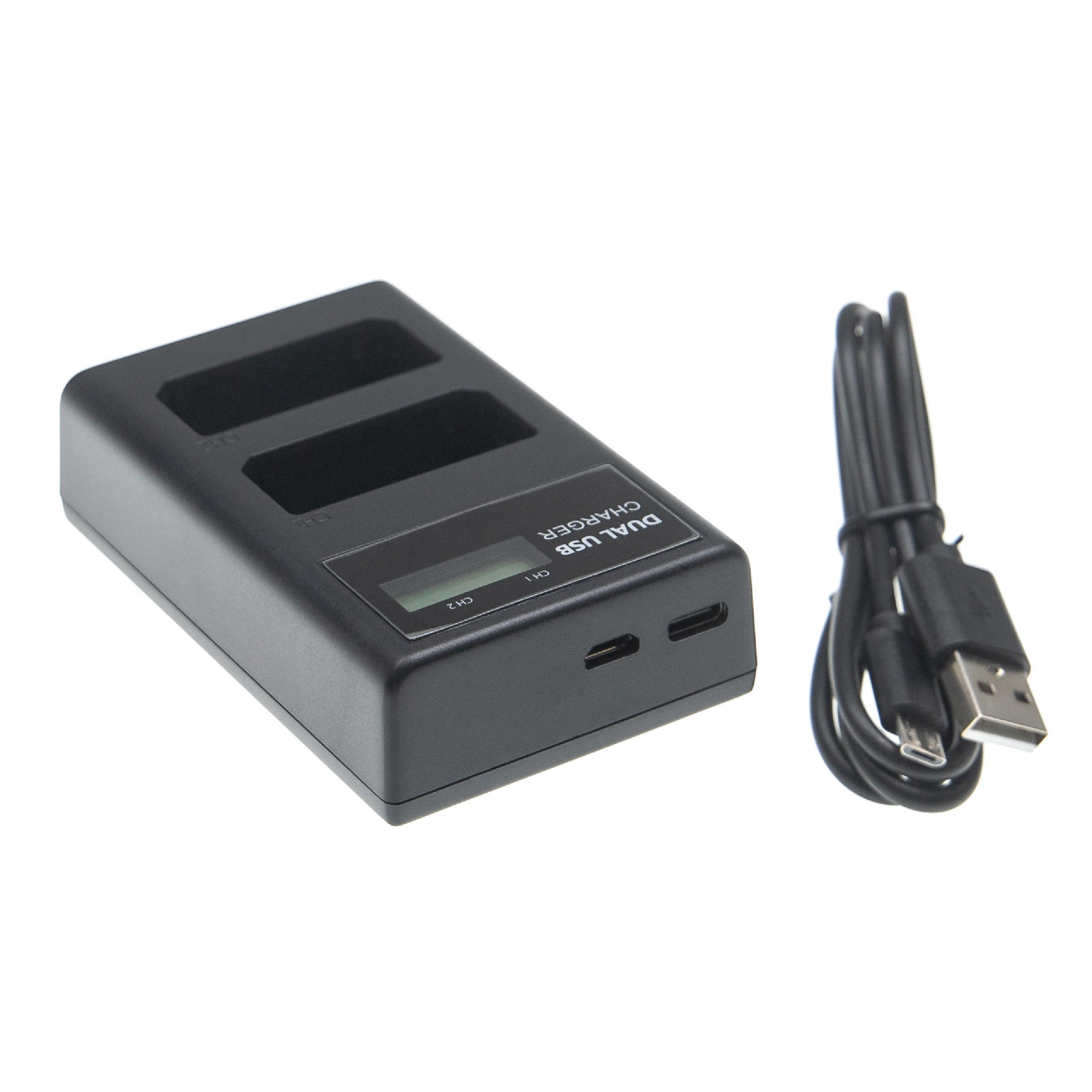 Ein schwarzes Dual-USB-Ladegerät mit zwei Ladeschlitzen und einem Kabel mit USB- und Micro-USB-Anschlüssen.
