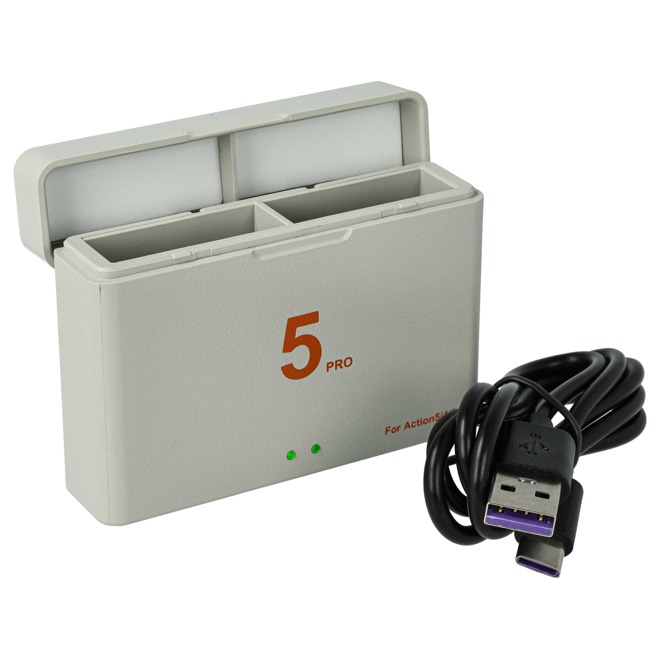 Ein graues Ladegerät mit orangefarbenem Text '5 PRO' und ein schwarzes USB-Kabel auf weißem Hintergrund.