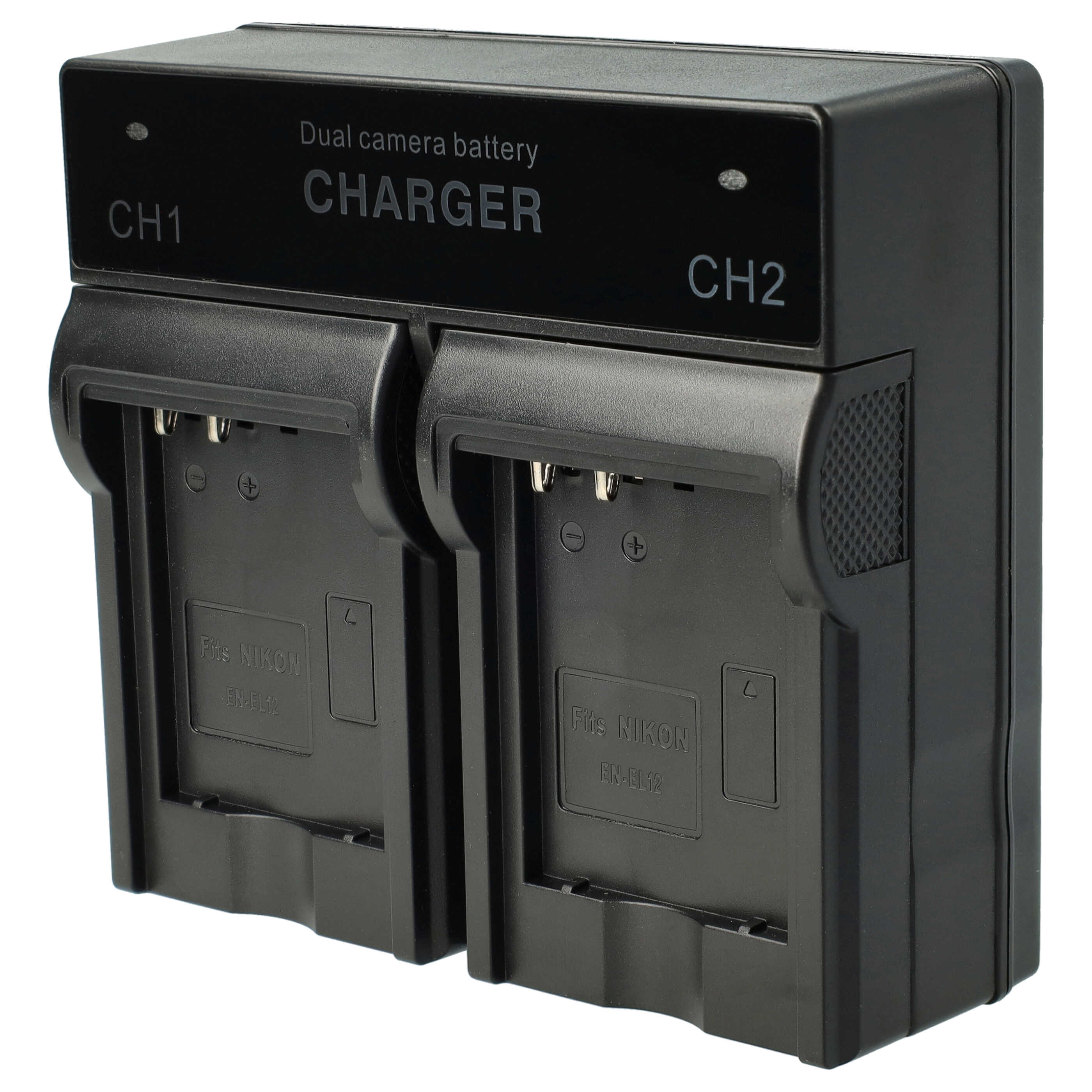 Ein schwarzes Dual-Kamera-Batterieladegerät. Es hat zwei Ladeschlitze mit der Bezeichnung CH1 und CH2. Die Marke ist Nikon.