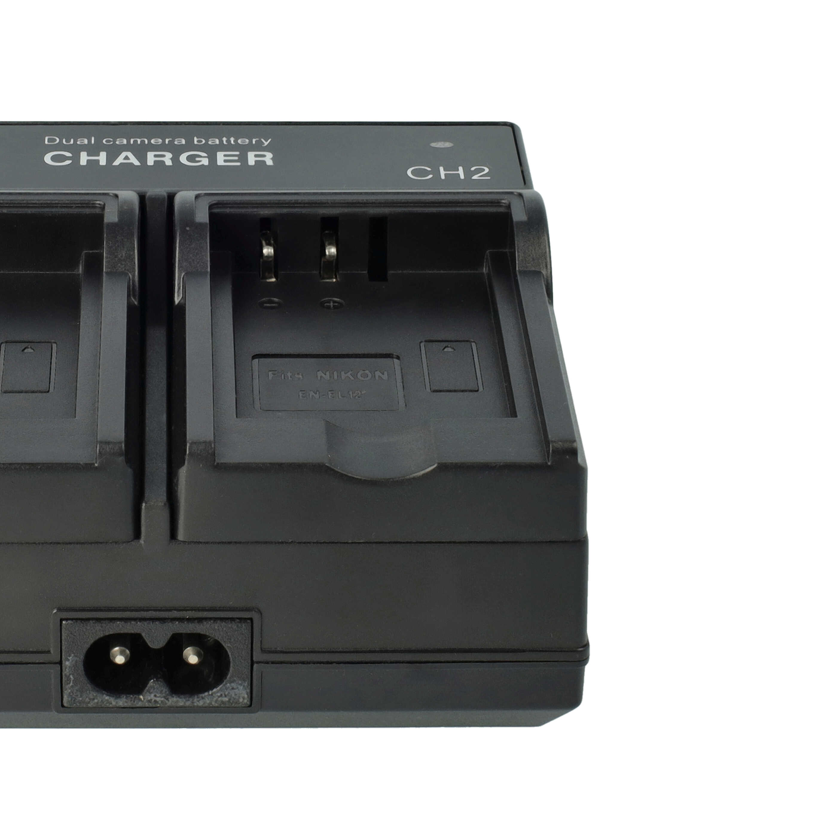 Ein schwarzes Dual-Kamera-Batterieladegerät. Es hat zwei Ladeschlitze und einen Stromeingang.