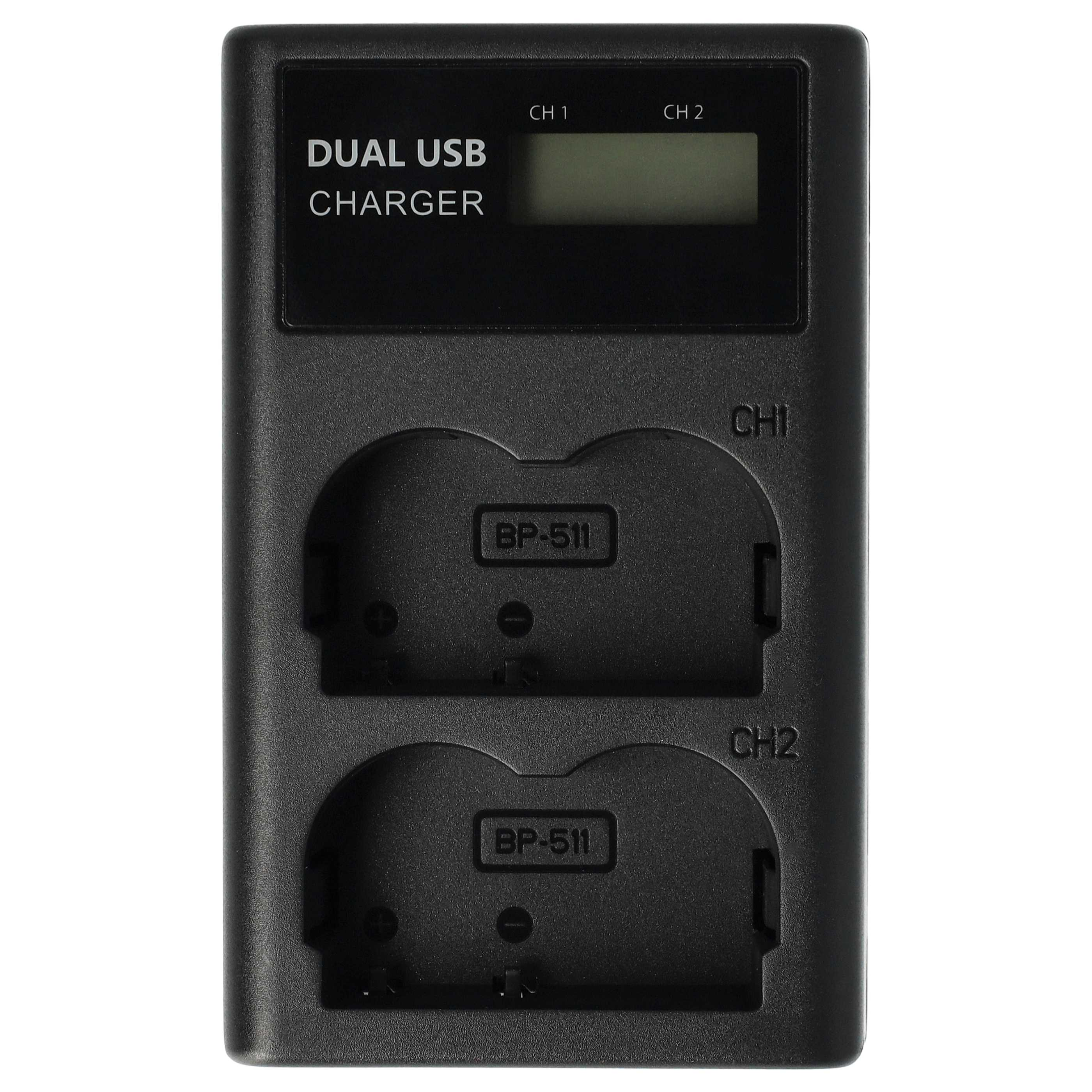Ein schwarzes Dual-USB-Ladegerät. Es hat Steckplätze für Batterien mit der Bezeichnung BP-511 und einen kleinen Bildschirm.