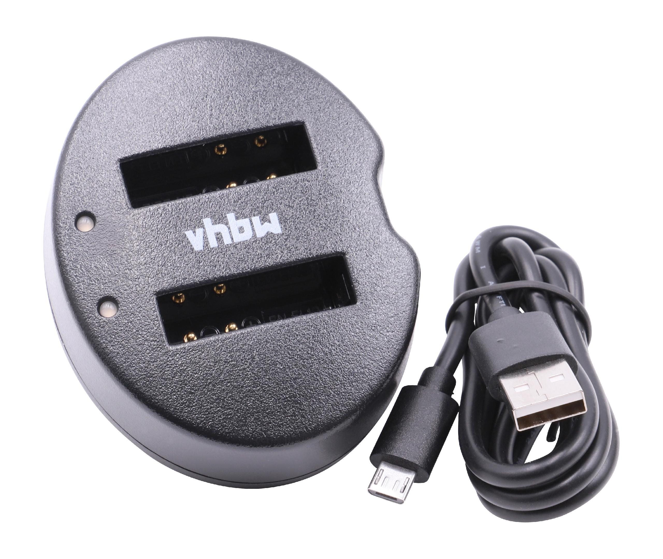 Ein schwarzes Batterieladegerät mit zwei Schlitzen und einem USB-Kabel. Auf dem Ladegerät steht das Wort 'vhbW'.