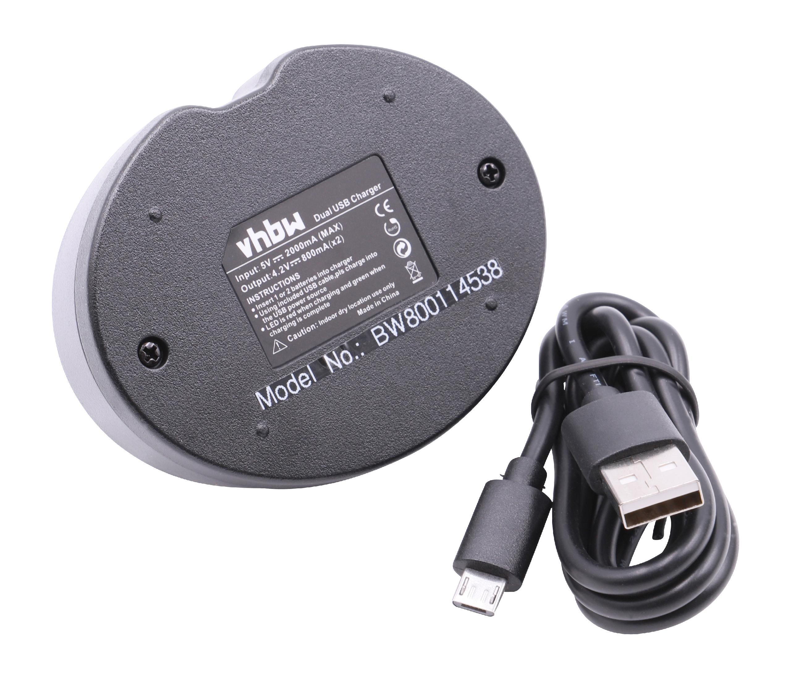 Ein schwarzes Dual-USB-Ladegerät mit Kabel. Es hat Text, eine Modellnummer und einen USB-Anschluss.