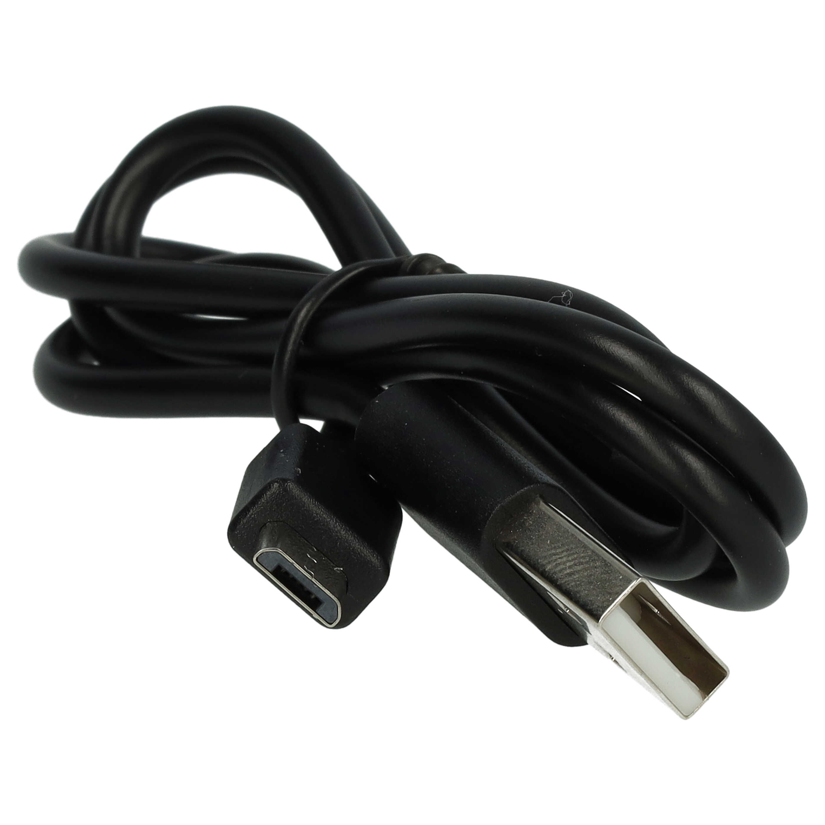 Ein schwarzes USB-Kabel mit einem USB-A-Anschluss und einem Micro-USB-Anschluss, aufgerollt. Der Hintergrund ist weiß.