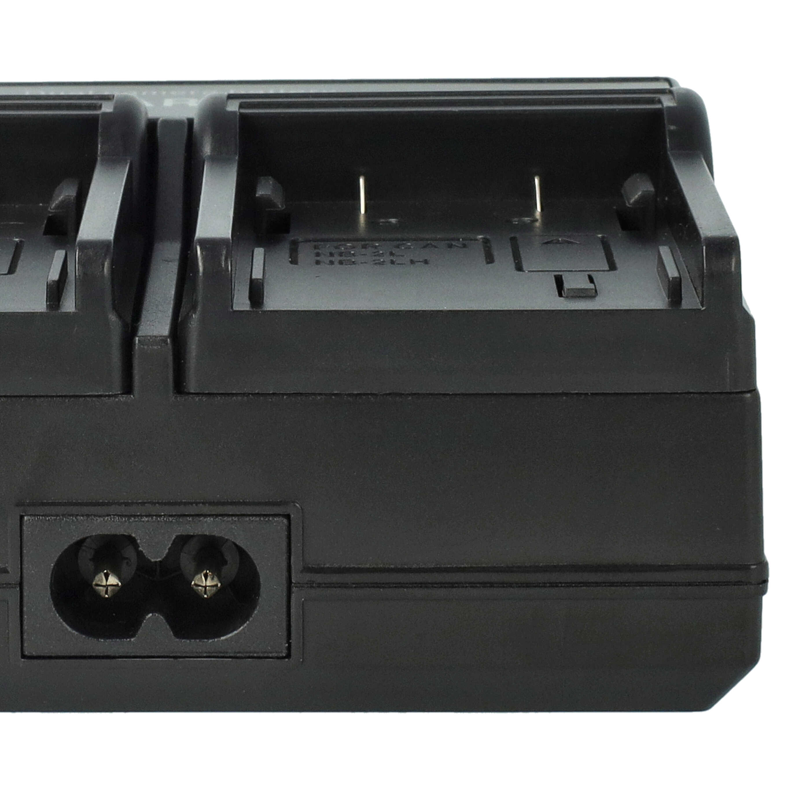 Schwarzes Batterieladegerät mit zwei Schlitzen und einem Wechselstromeingang, auf weißem Hintergrund. Details sichtbar.
