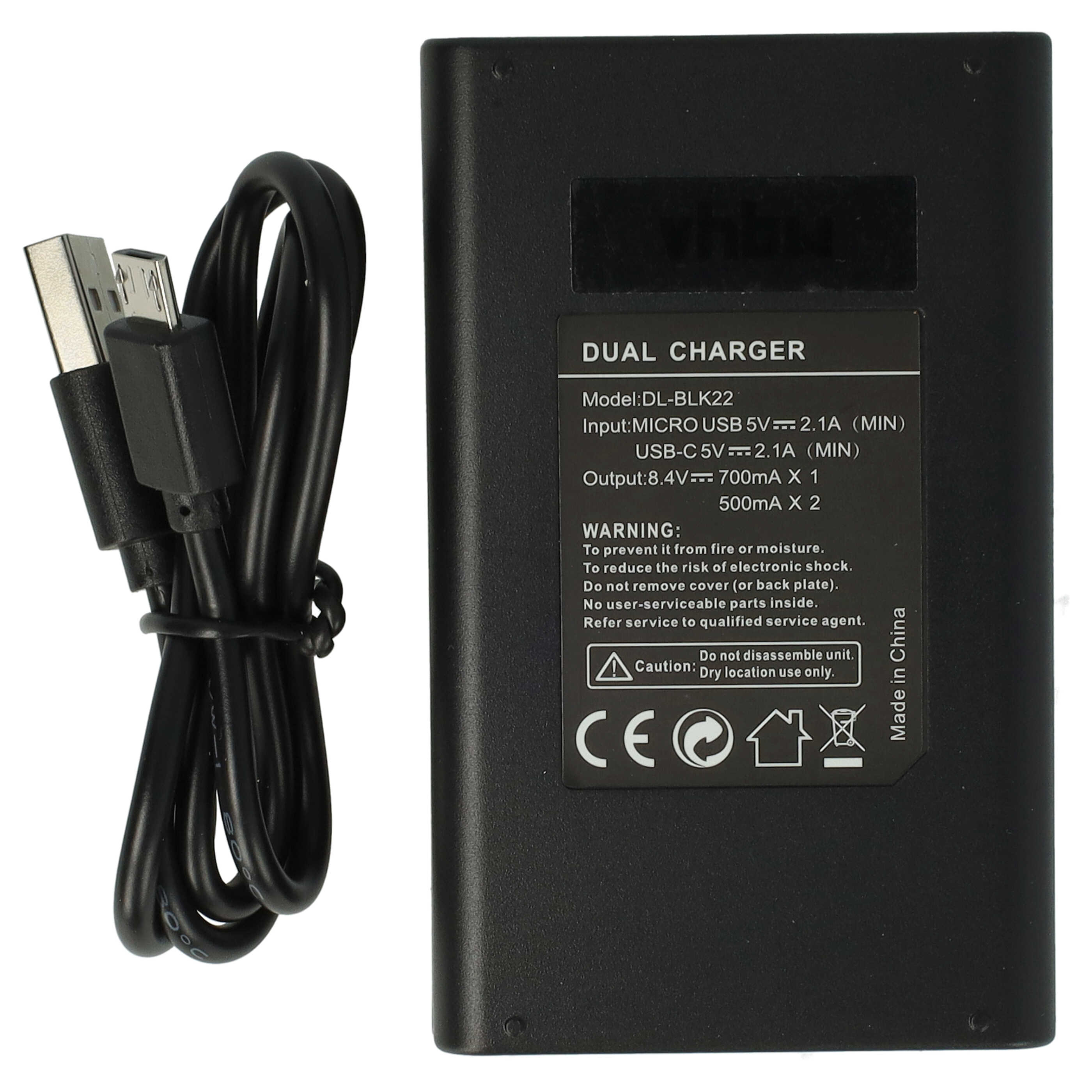 Ein schwarzes Ladegerät mit USB-Kabel. Das Ladegerät hat Text und Symbole. Das Kabel ist schwarz.