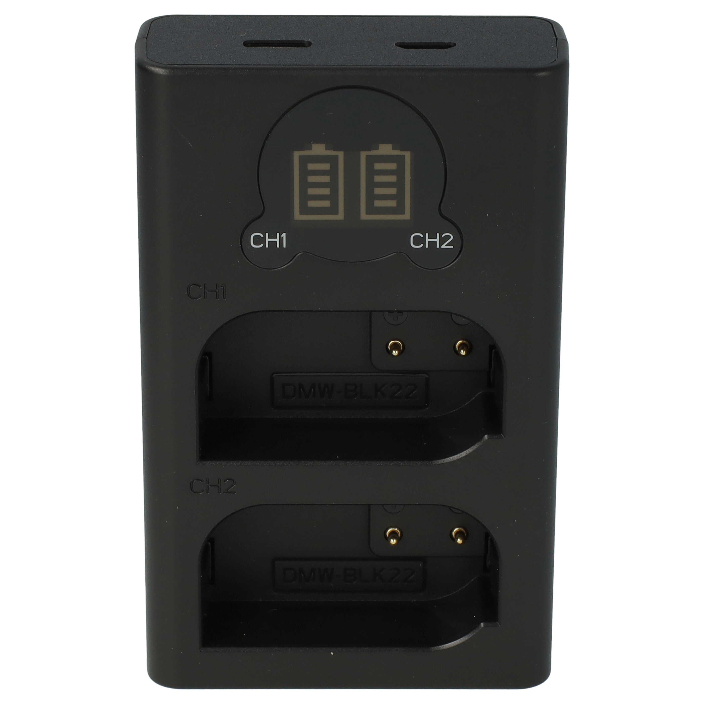 Schwarzes Batterieladegerät mit zwei Schlitzen, CH1 und CH2 beschriftet, und Batterieanzeigen. Modell: DMW-BLK22.