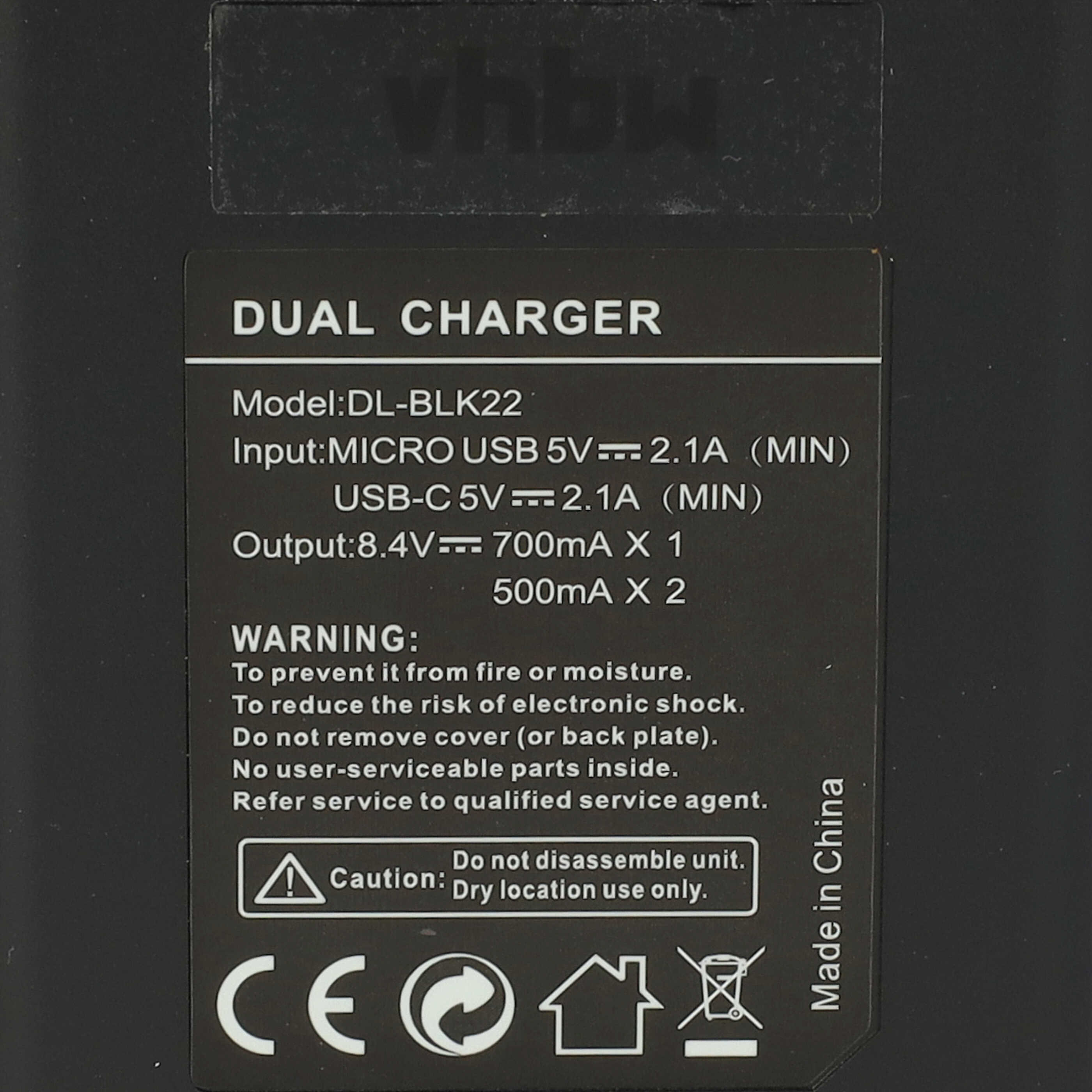 Schwarzes Ladegerät-Etikett. Text enthält 'DUAL CHARGER', Modell, Eingangs-/Ausgangsspezifikationen, Warnungen und Sicherheitssymbole.