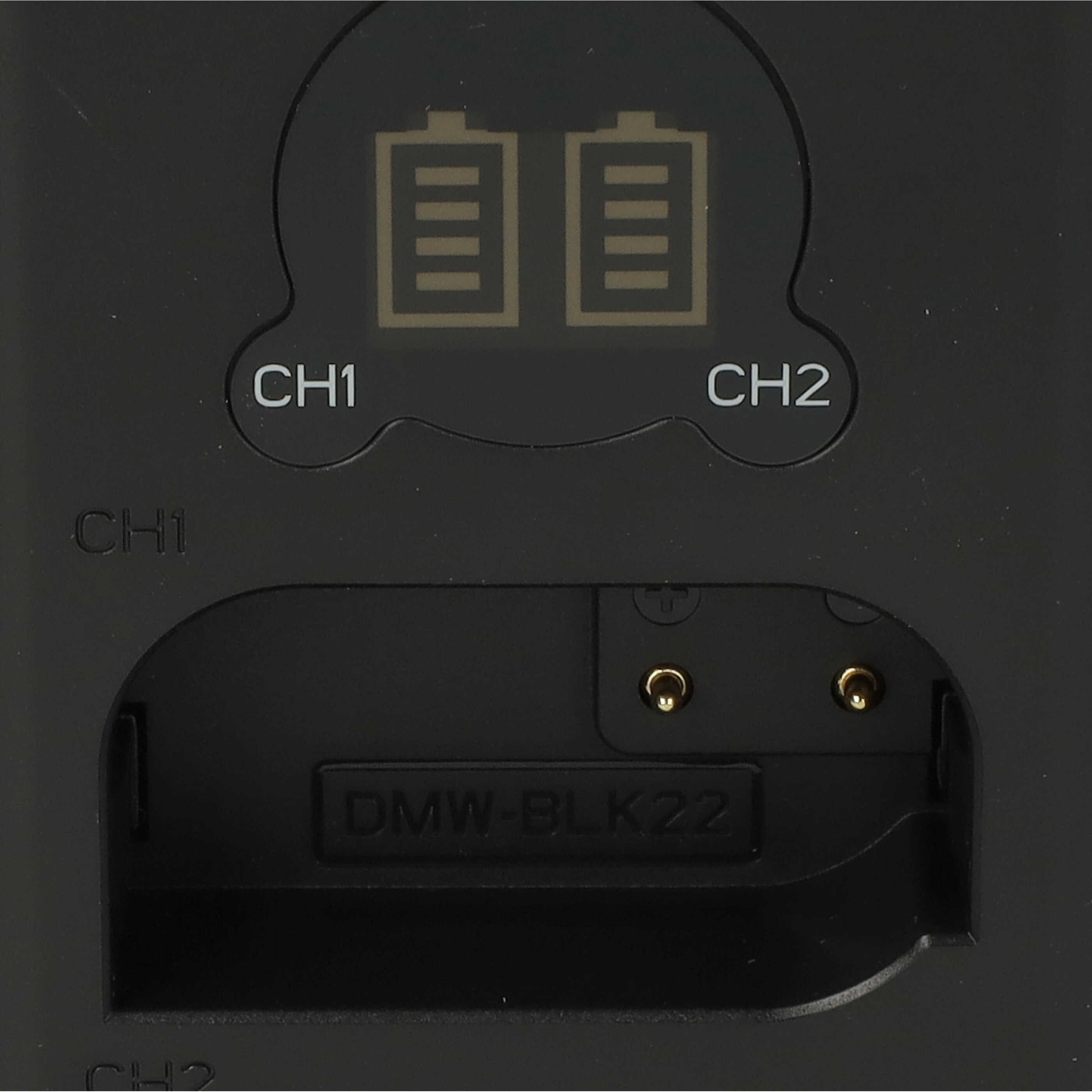 Schwarzes Ladegerät mit zwei Batteriesymbolen. Es hat Schlitze mit der Bezeichnung CH1 und CH2. Das Modell ist DMW-BLK22.