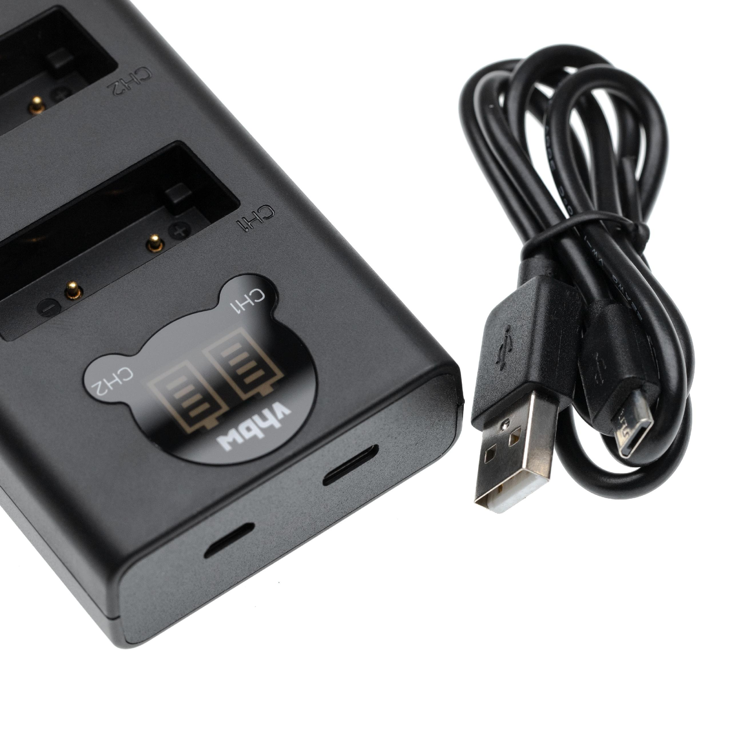 Ein schwarzes Ladegerät mit USB-Kabel. Das Ladegerät hat Schlitze mit der Bezeichnung CH1 und CH2. Das Kabel ist aufgerollt.