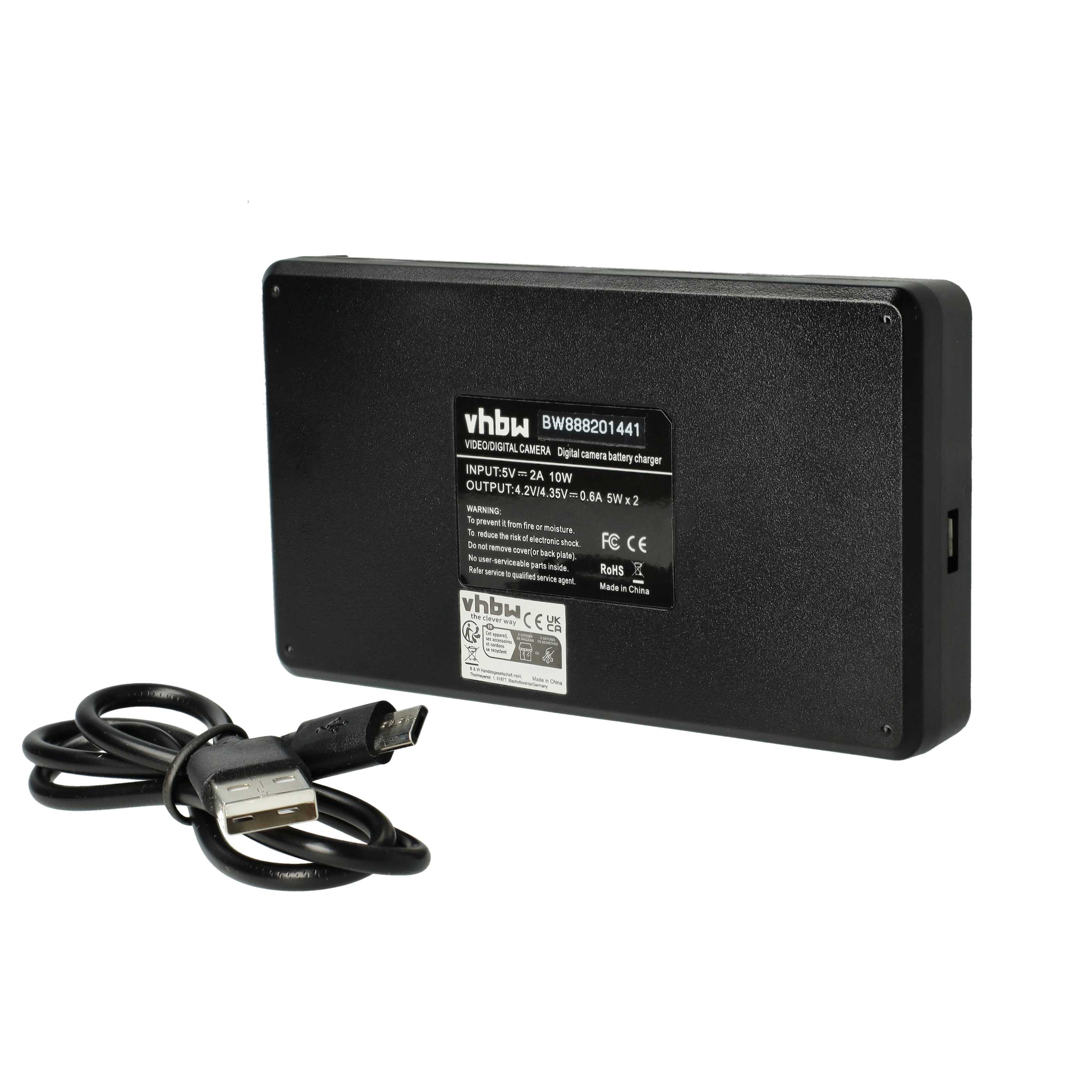 Schwarzes Kamera-Batterieladegerät mit Kabel. Text darauf lautet 'vhbw BW888201441'. Es hat Warnhinweise und Zertifizierungen.