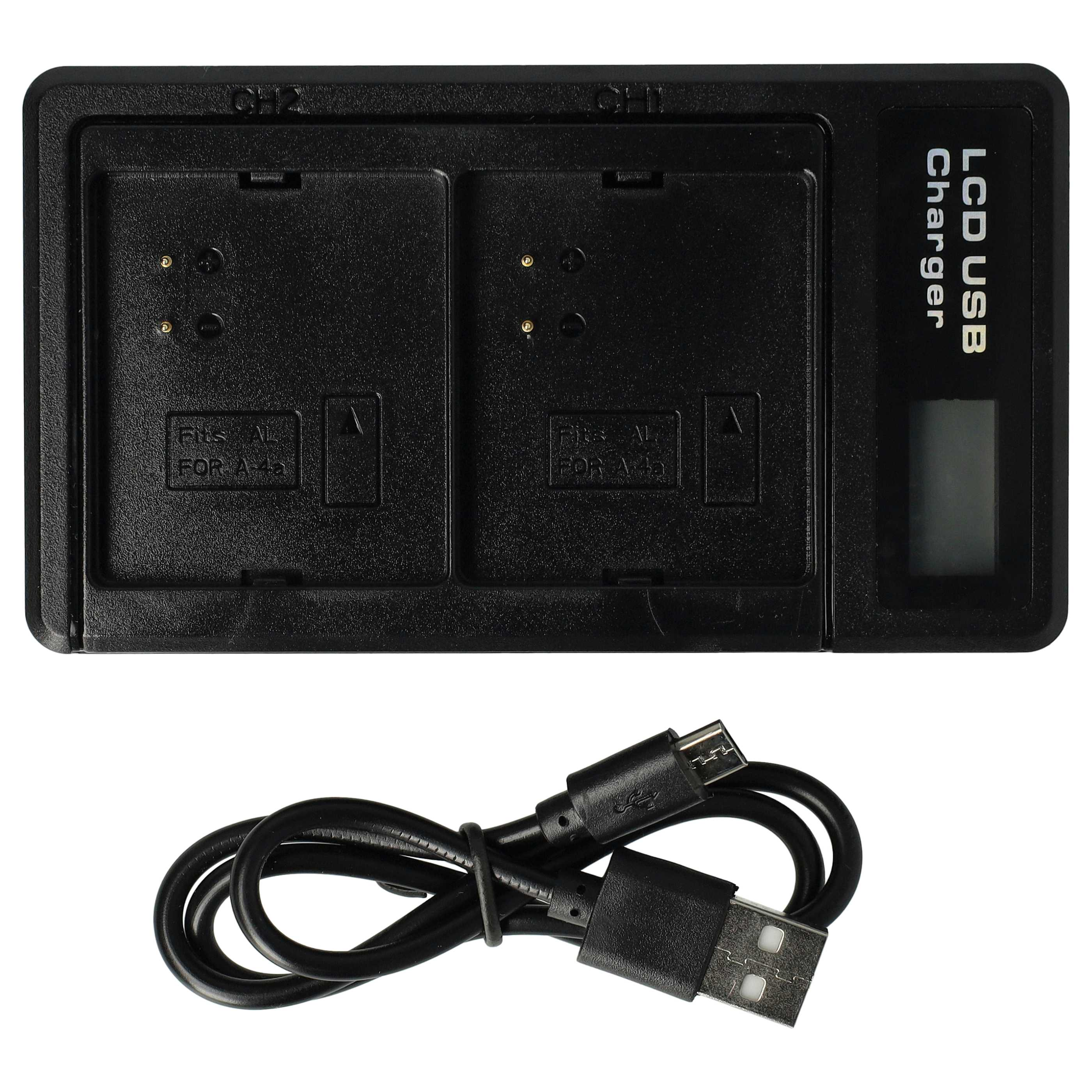 Ein schwarzes LCD-USB-Ladegerät mit zwei Steckplätzen und einem angeschlossenen USB-Kabel. Das Ladegerät hat einen kleinen Bildschirm.