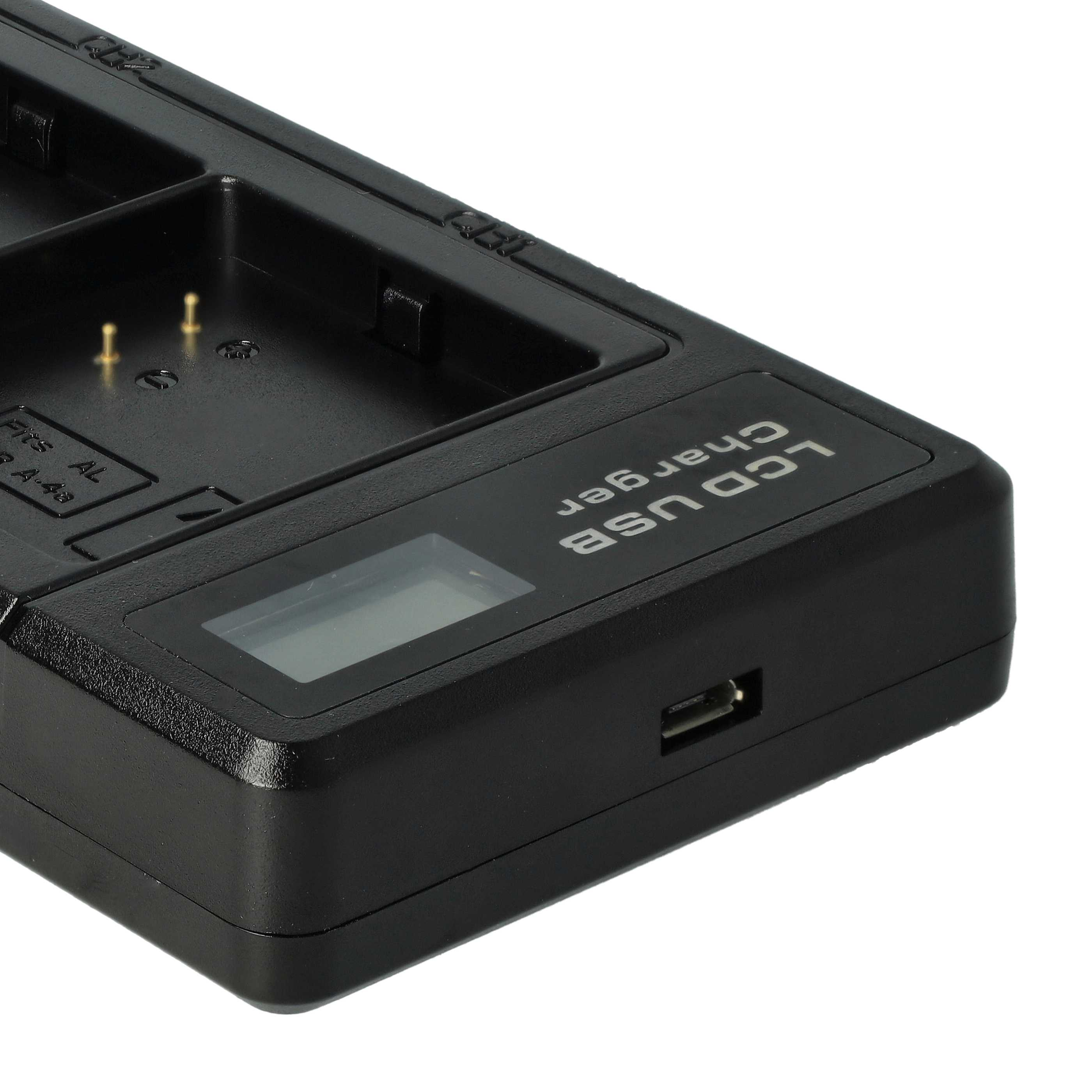 Ein schwarzes LCD-USB-Ladegerät wird auf weißem Hintergrund gezeigt. Das Ladegerät hat einen Steckplatz für eine Batterie und einen USB-Anschluss.