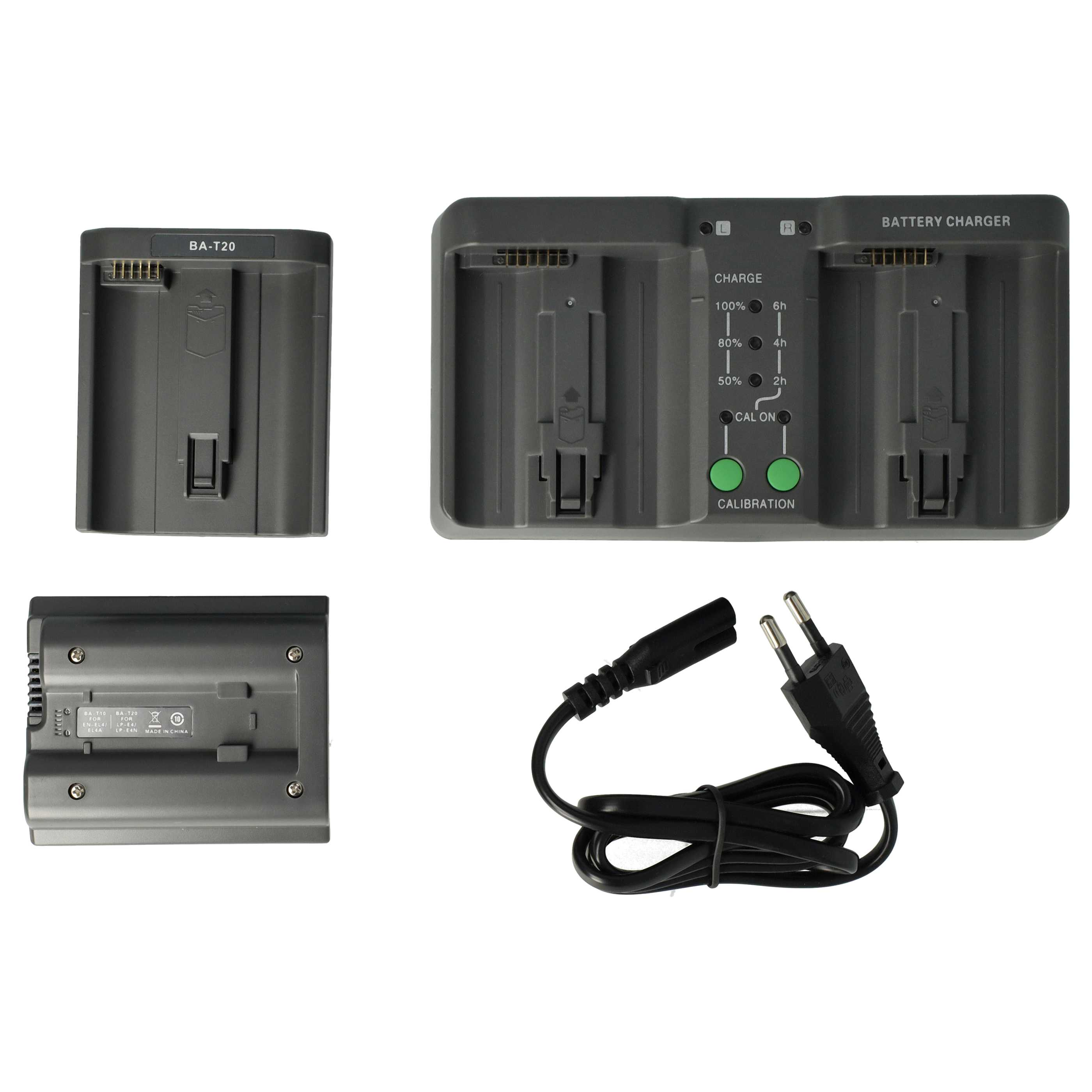 Das Bild zeigt ein Batterieladegerät, einen Akku und ein Netzkabel. Das Ladegerät hat Schlitze und Lichter.