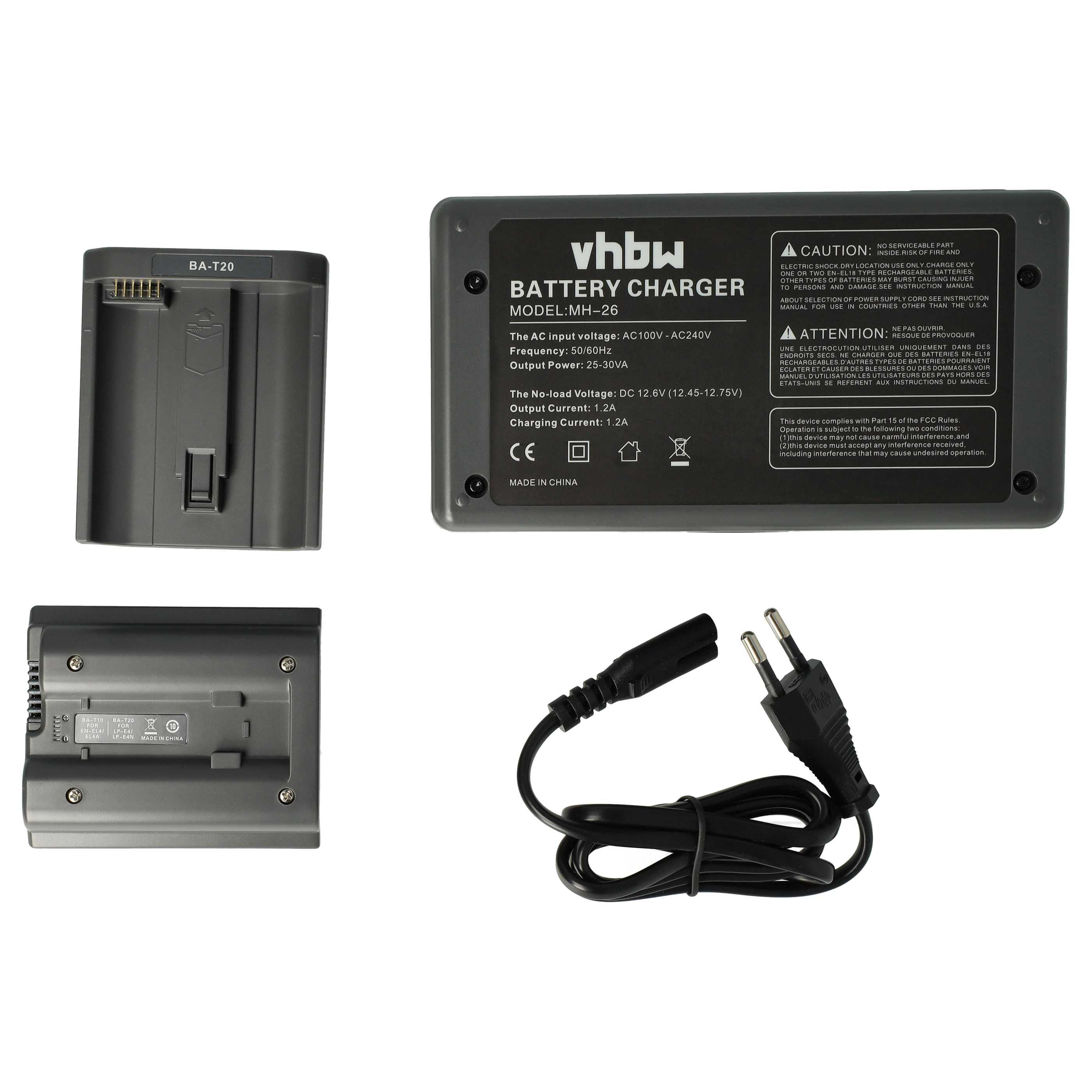 Ein Batterieladegerät mit Akku, Netzkabel und Stecker. Das Ladegerät ist schwarz und grau mit weißem Text.