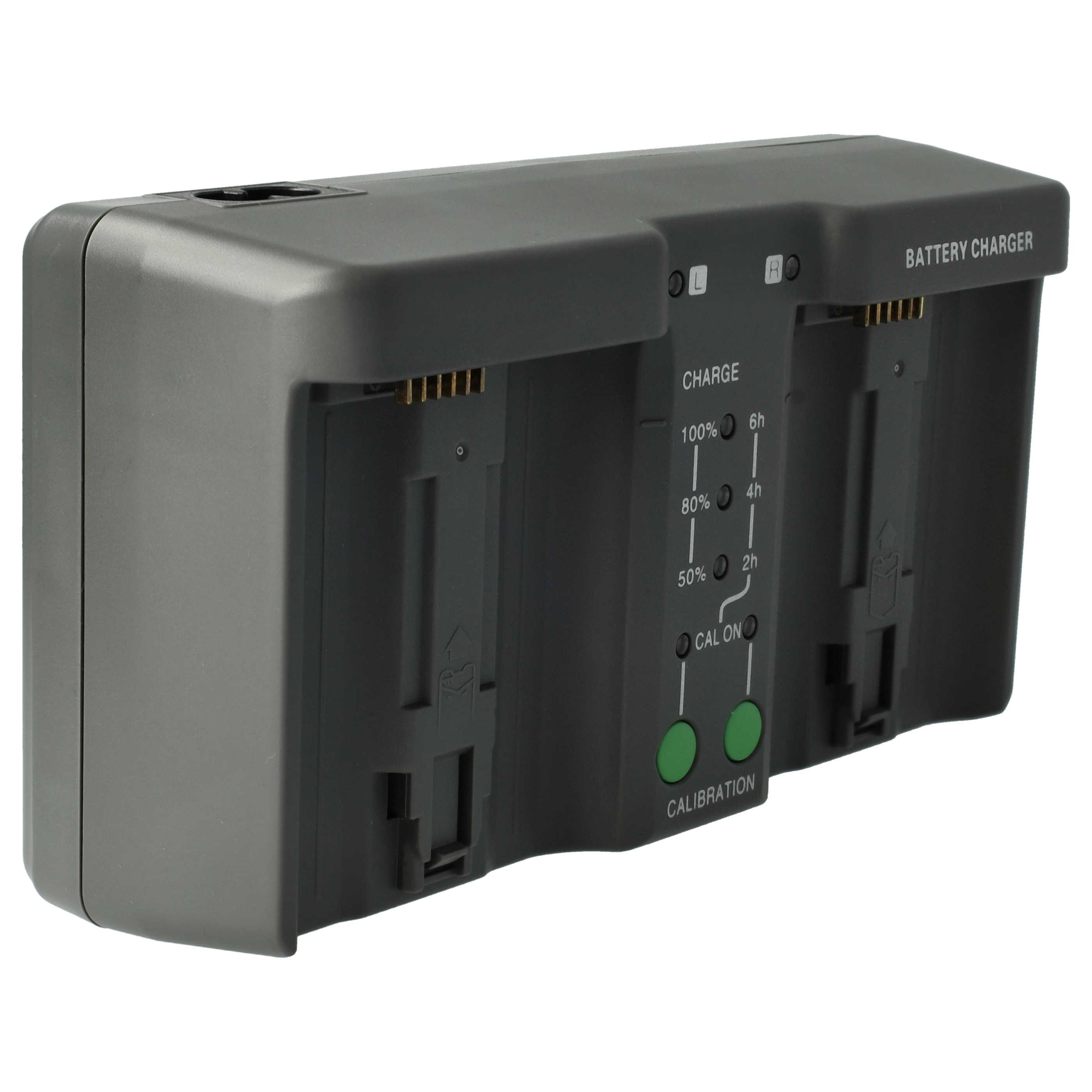 Ein graues Batterieladegerät mit Schlitzen, Ladeanzeigen und Kalibrierungstasten. Der Text 'Battery Charger' ist sichtbar.