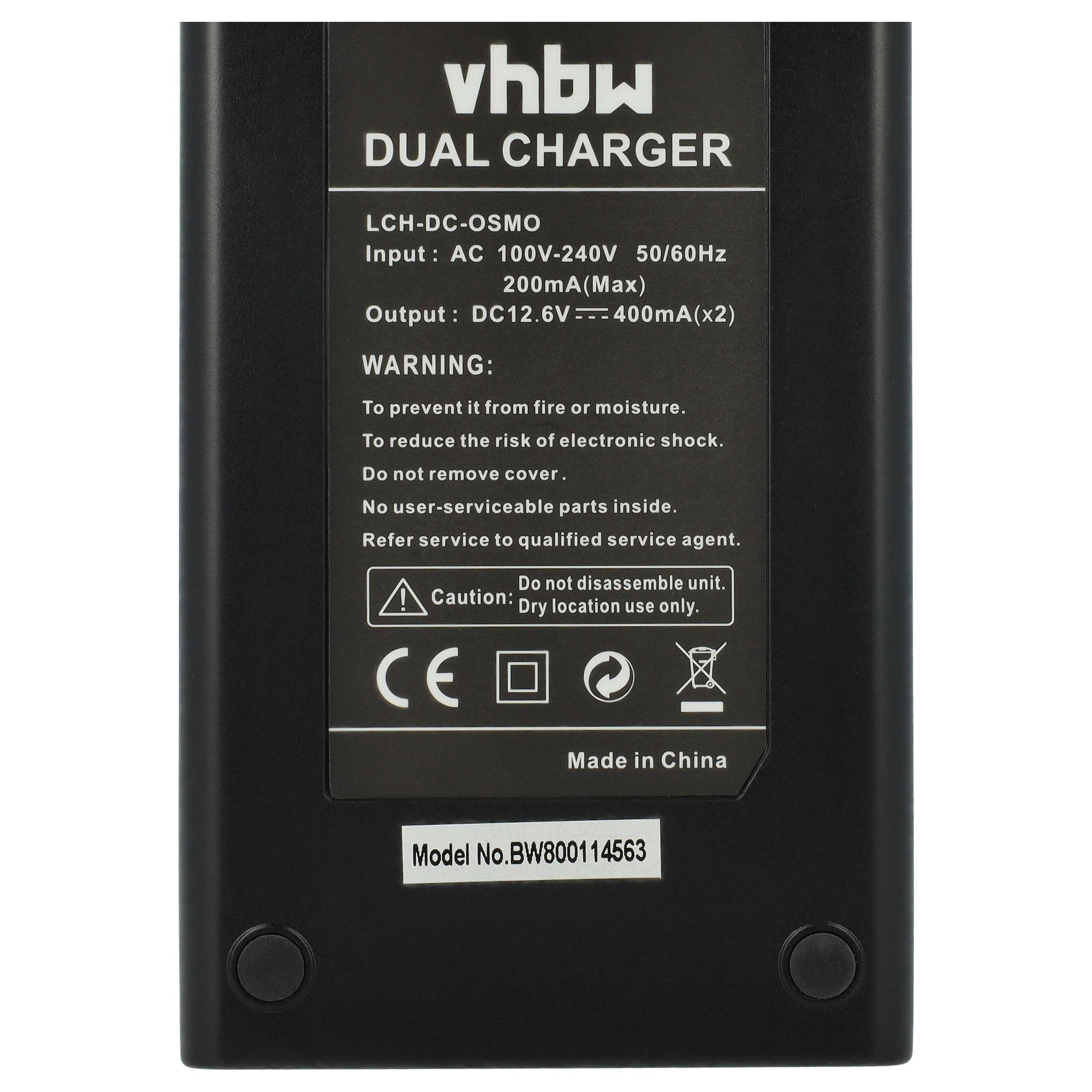 Ein schwarzes Ladegerät mit weißem Text. Es hat Warnungen und Spezifikationen. Die Marke ist vhbw. Modellnummer ist BW800114563.