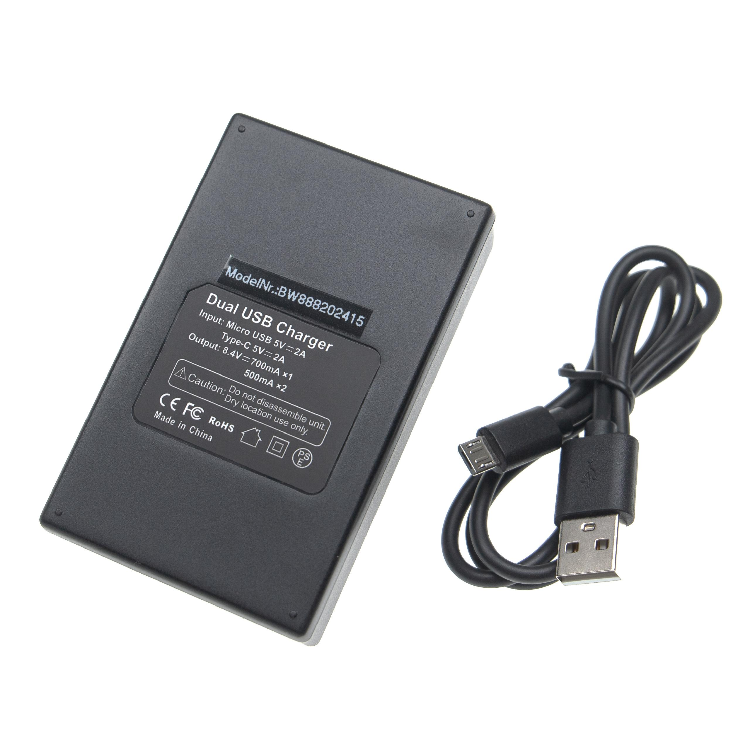 Ein schwarzes Dual-USB-Ladegerät mit einem Micro-USB- und einem USB-C-Kabel auf weißem Hintergrund.