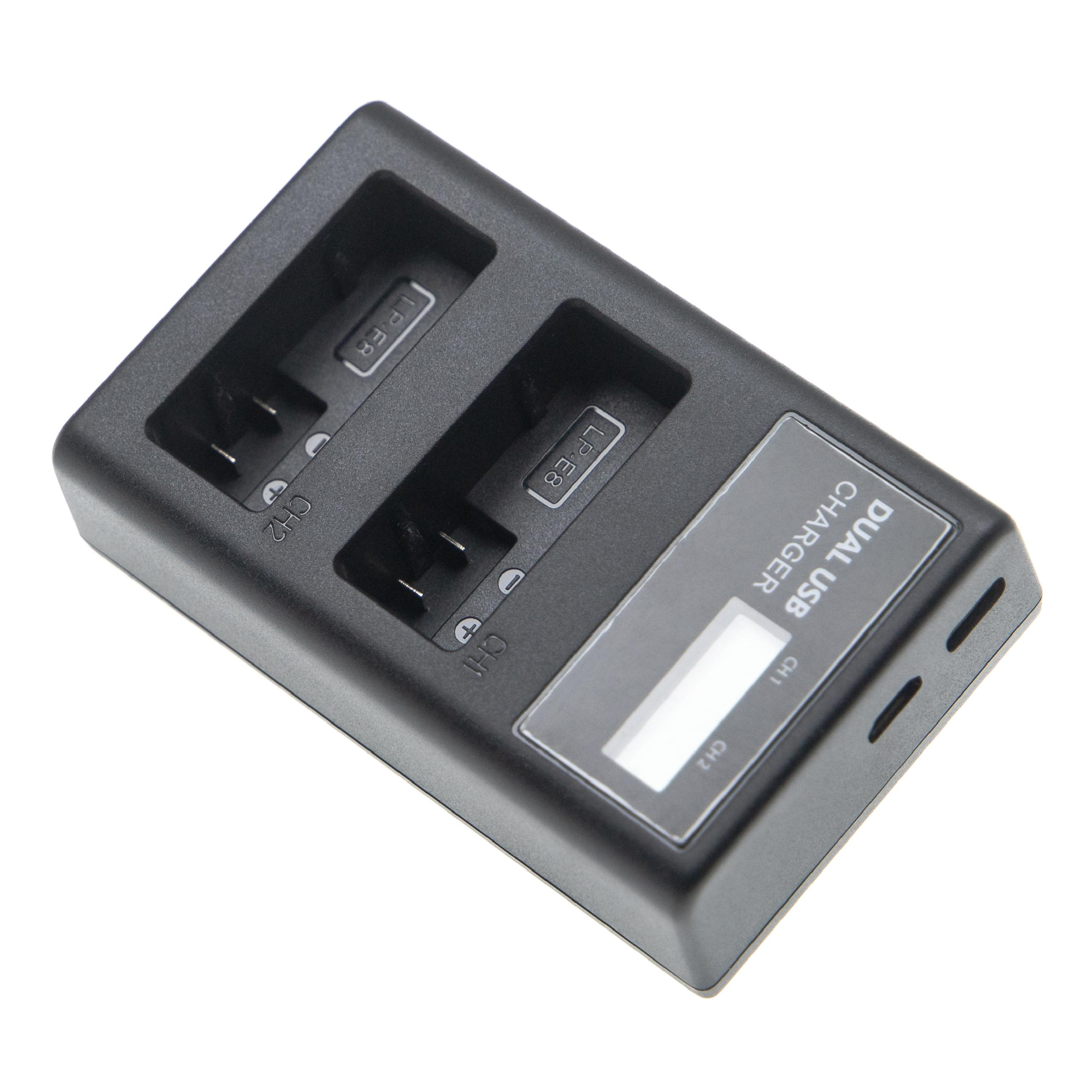 Ein schwarzes Dual-USB-Ladegerät für Batterien. Es hat zwei Steckplätze für Batterien, ein digitales Display und liegt auf weißem Grund.