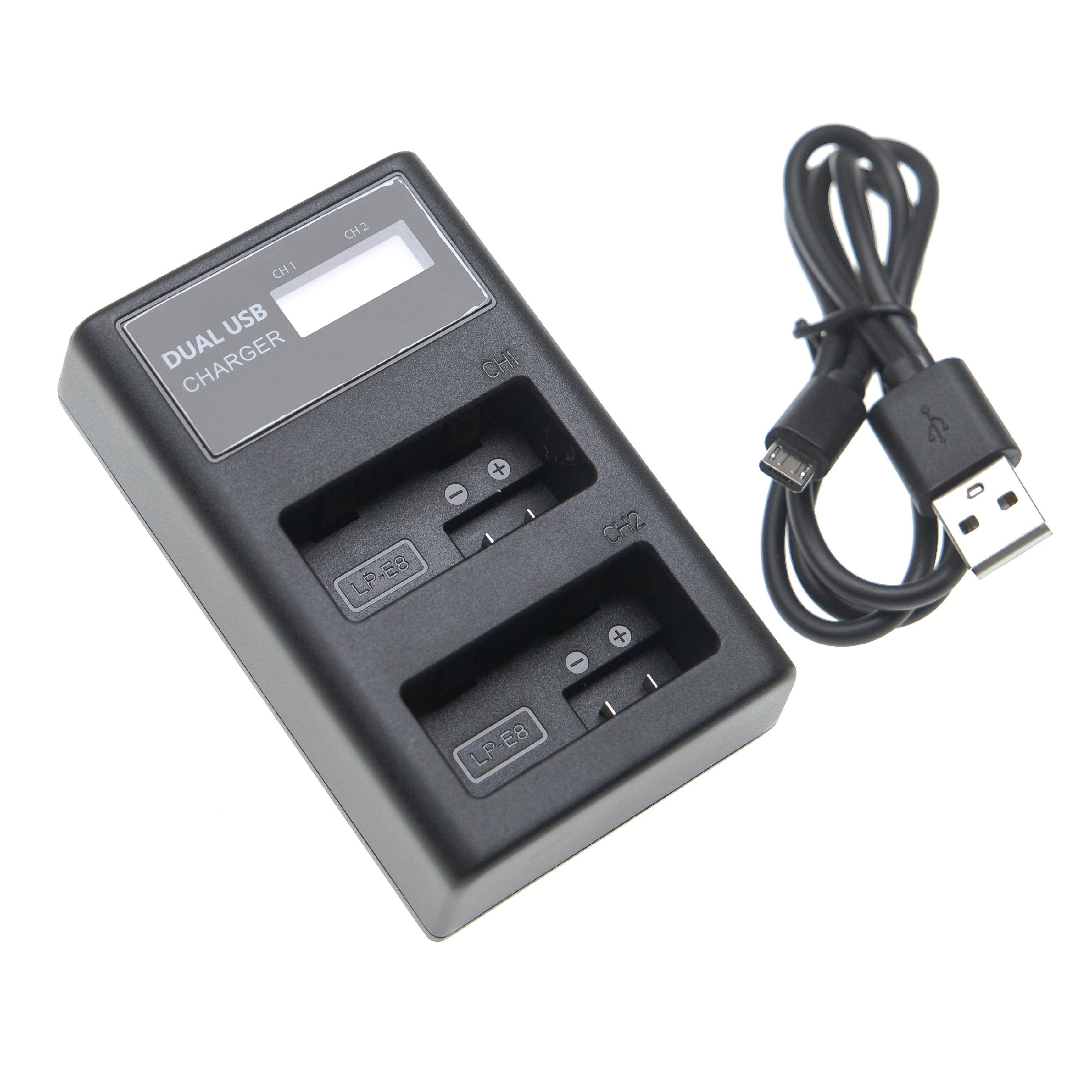 Schwarzes Dual-USB-Ladegerät mit Kabel. Das Ladegerät hat zwei Schlitze, die mit LP-E8 beschriftet sind, und ein Digitaldisplay.