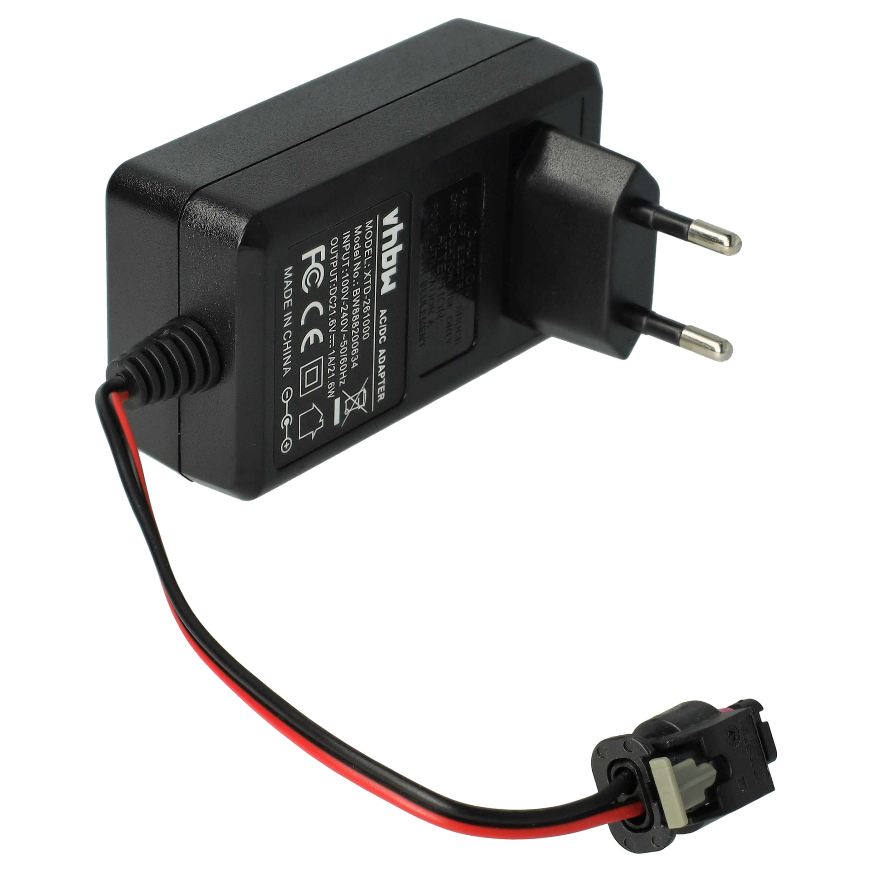 Schwarzer AC/DC-Adapter mit Stecker und Anschluss. Er hat ein schwarzes Kabel mit roten und schwarzen Drähten.