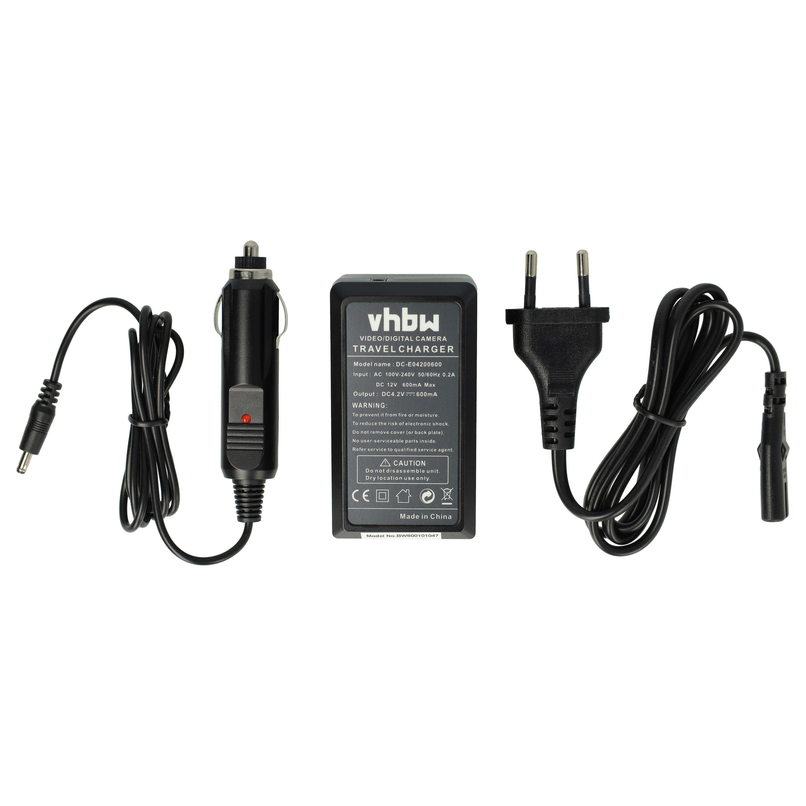 Ein schwarzes Reiseladegerät mit Autoadapter, Stecker und Ladegerät. Der Ladegerätkörper hat Text.