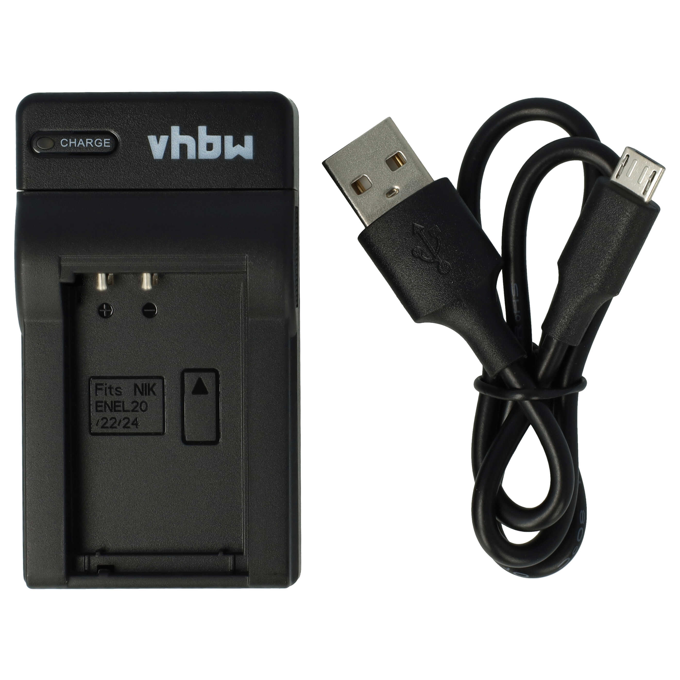Schwarzes vhbw-Ladegerät mit Kabel. Das Ladegerät hat eine 'Charge'-Anzeige und passt für Nikon EN-EL20-Akkus. Kabel hat USB- und Micro-USB-Enden.