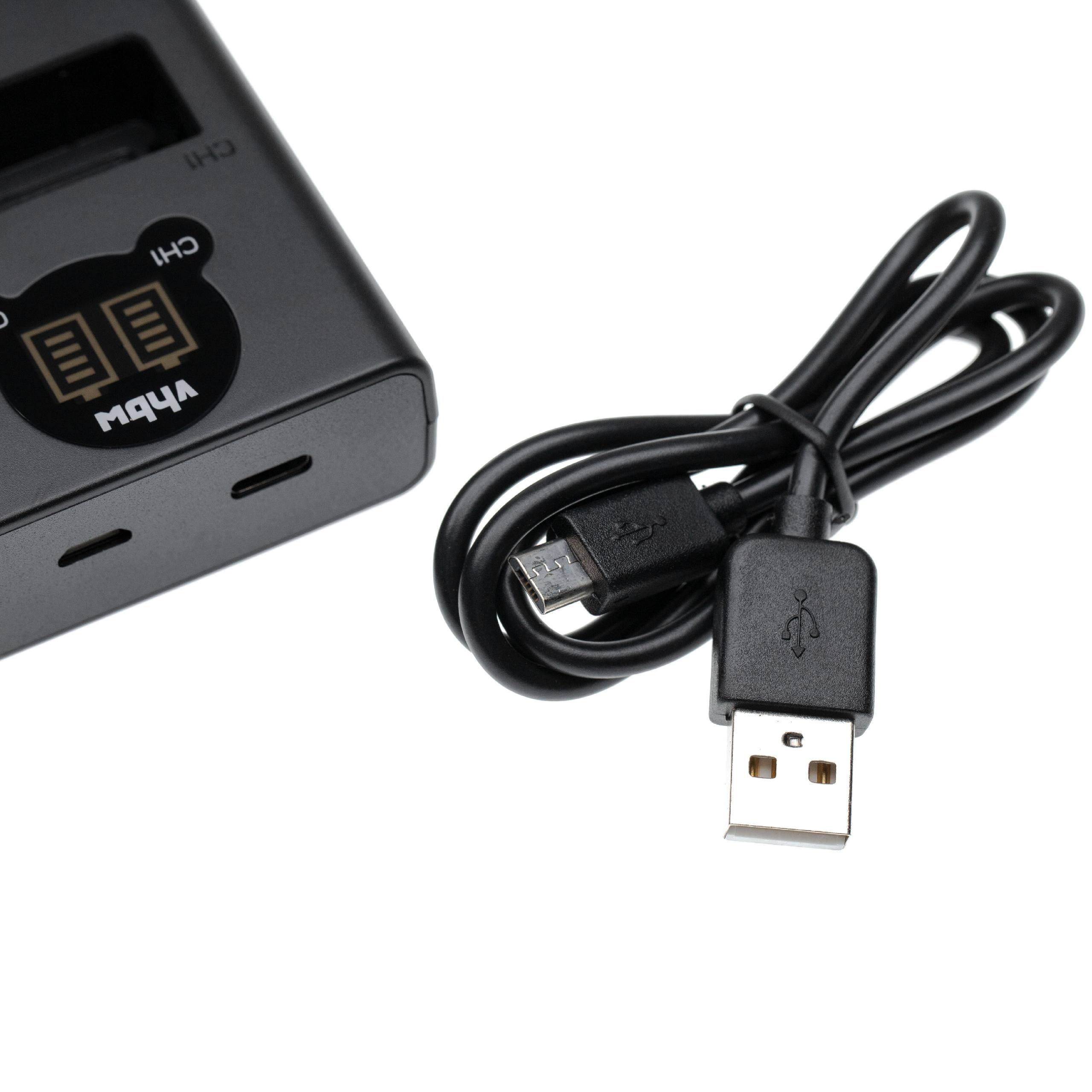 Ein schwarzes Batterieladegerät mit USB-Kabel. Das Ladegerät hat ein Logo und die Aufschrift CH1. Das USB-Kabel ist aufgerollt.