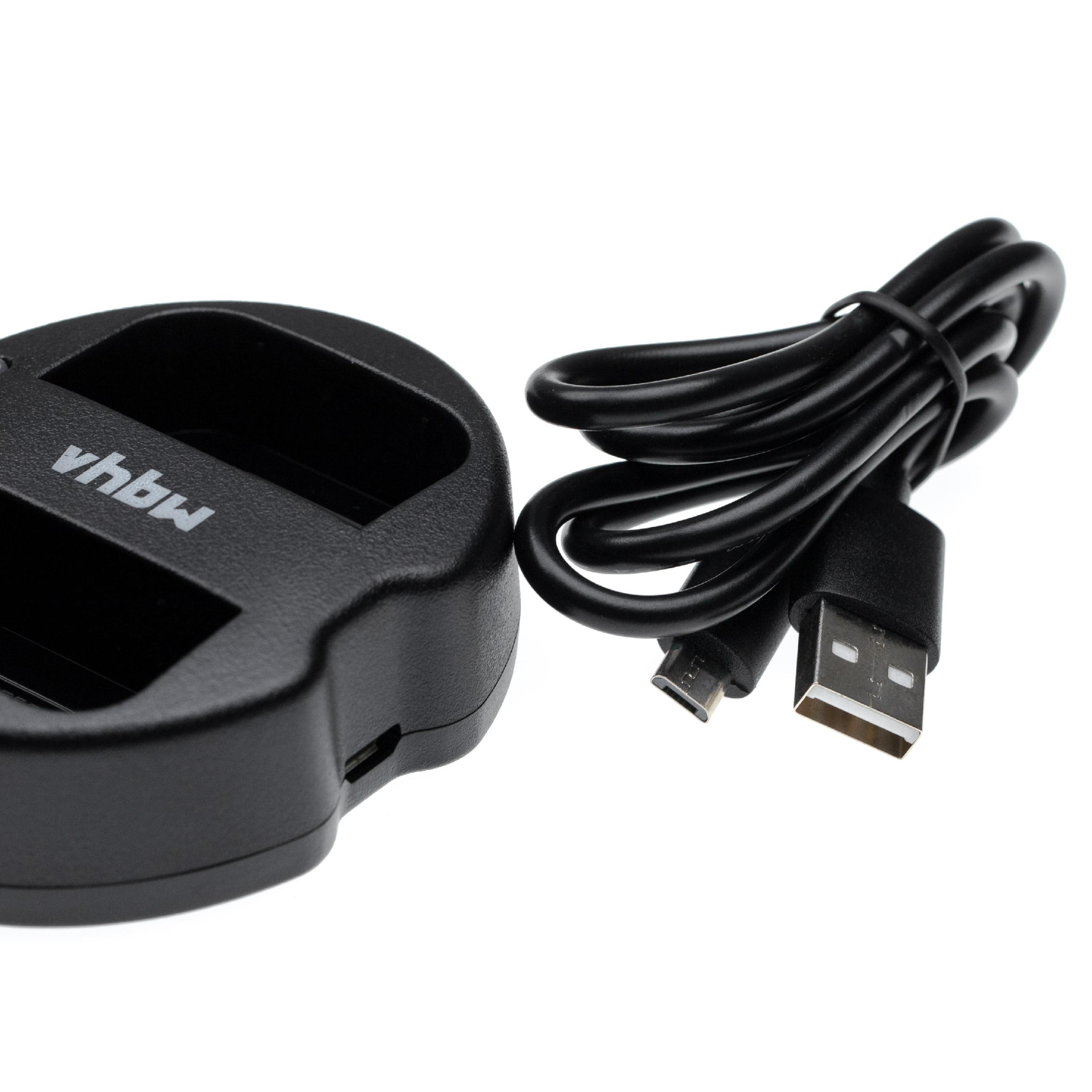 Schwarzes Ladegerät mit USB-Kabel. Auf dem Ladegerät steht 'vhbw'. Weißer Hintergrund.
