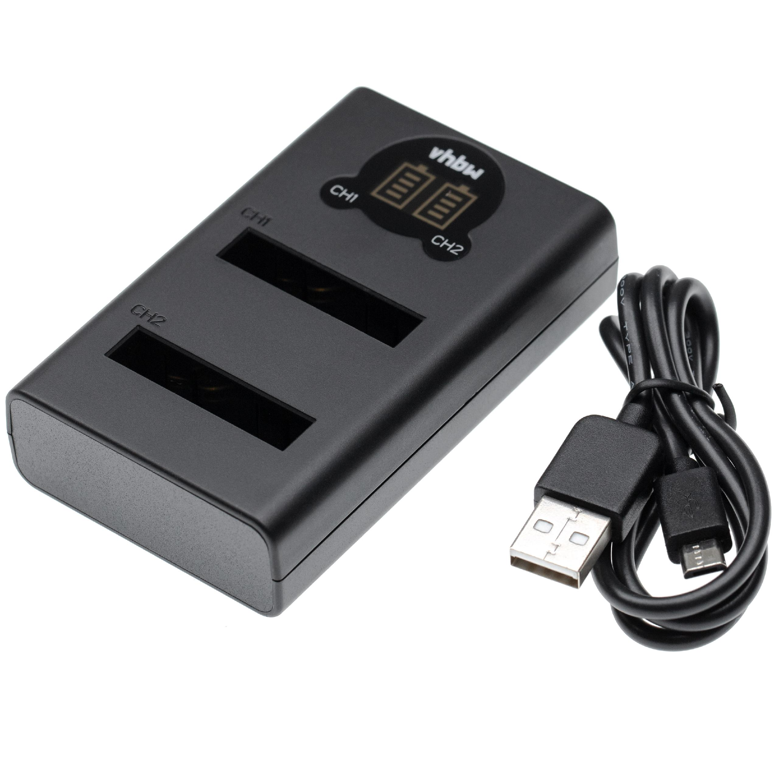 Schwarzes Batterieladegerät mit zwei Steckplätzen, einem Logo und einem USB-Kabel mit Micro-USB-Anschluss auf weißem Hintergrund.