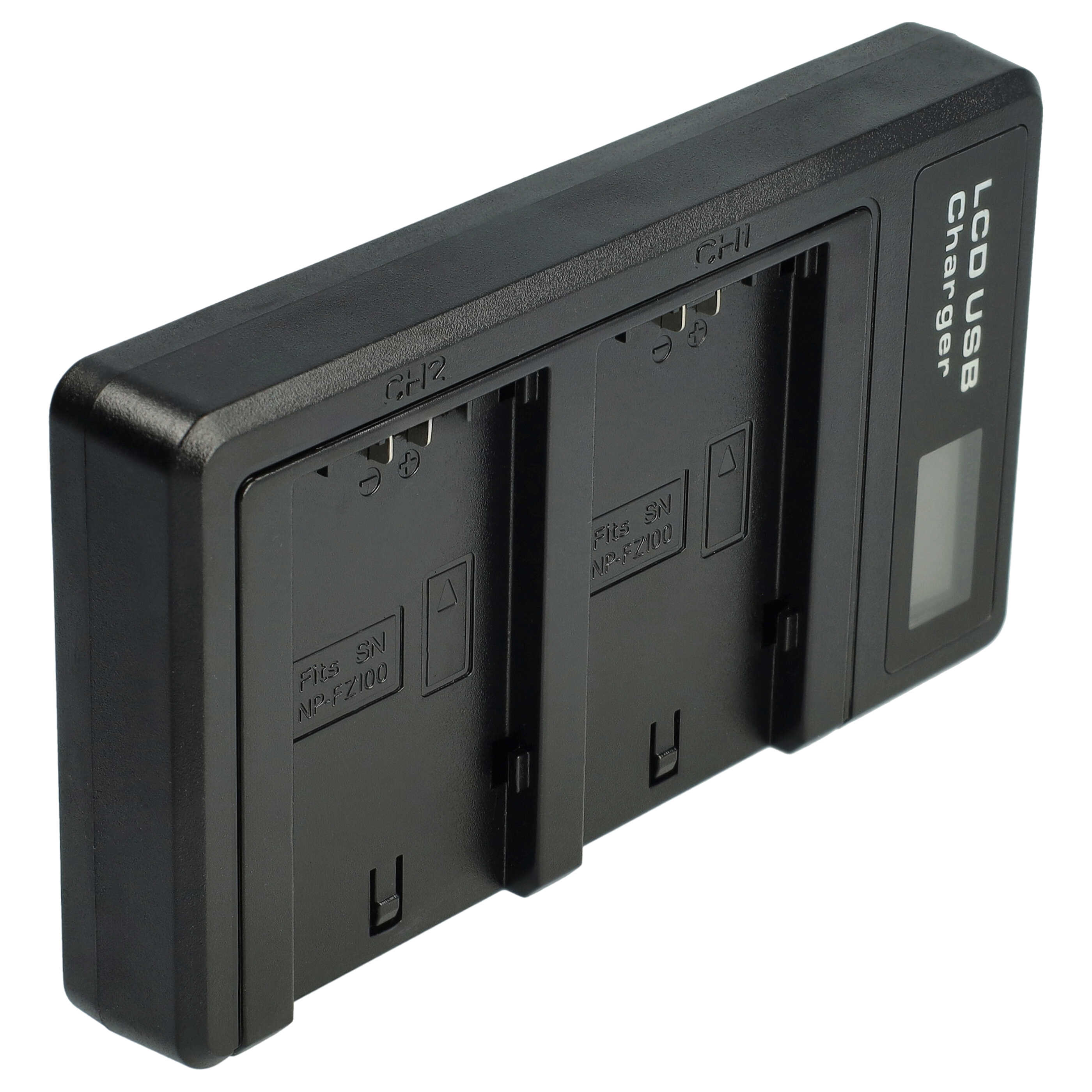 Schwarzes LCD-USB-Ladegerät mit zwei Batterieschächten, markiert mit 'Fits SN NP-FZ100'. LCD-Bildschirm und Text 'Charger' sichtbar.