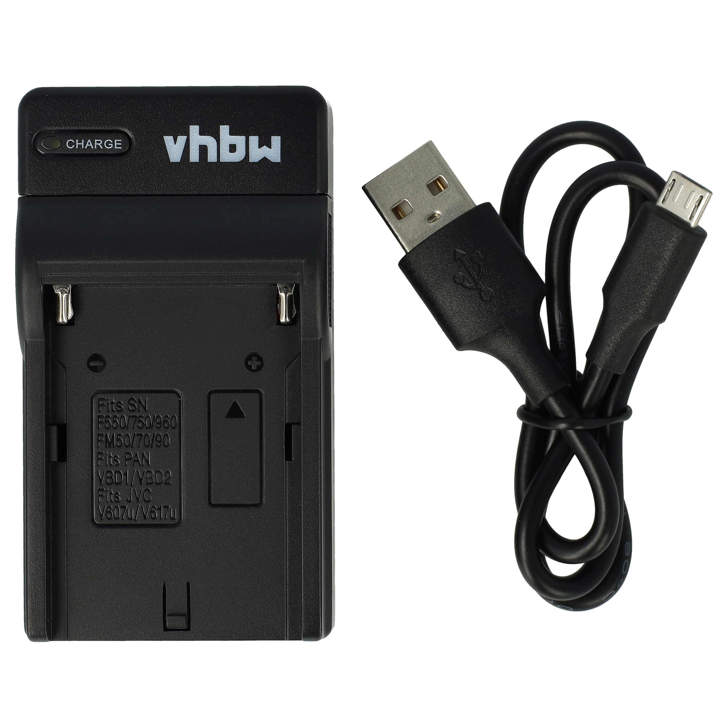 Ein schwarzes Batterieladegerät mit USB-Kabel. Das Ladegerät hat eine Ladeanzeige und den Markennamen. Das Kabel ist aufgerollt.