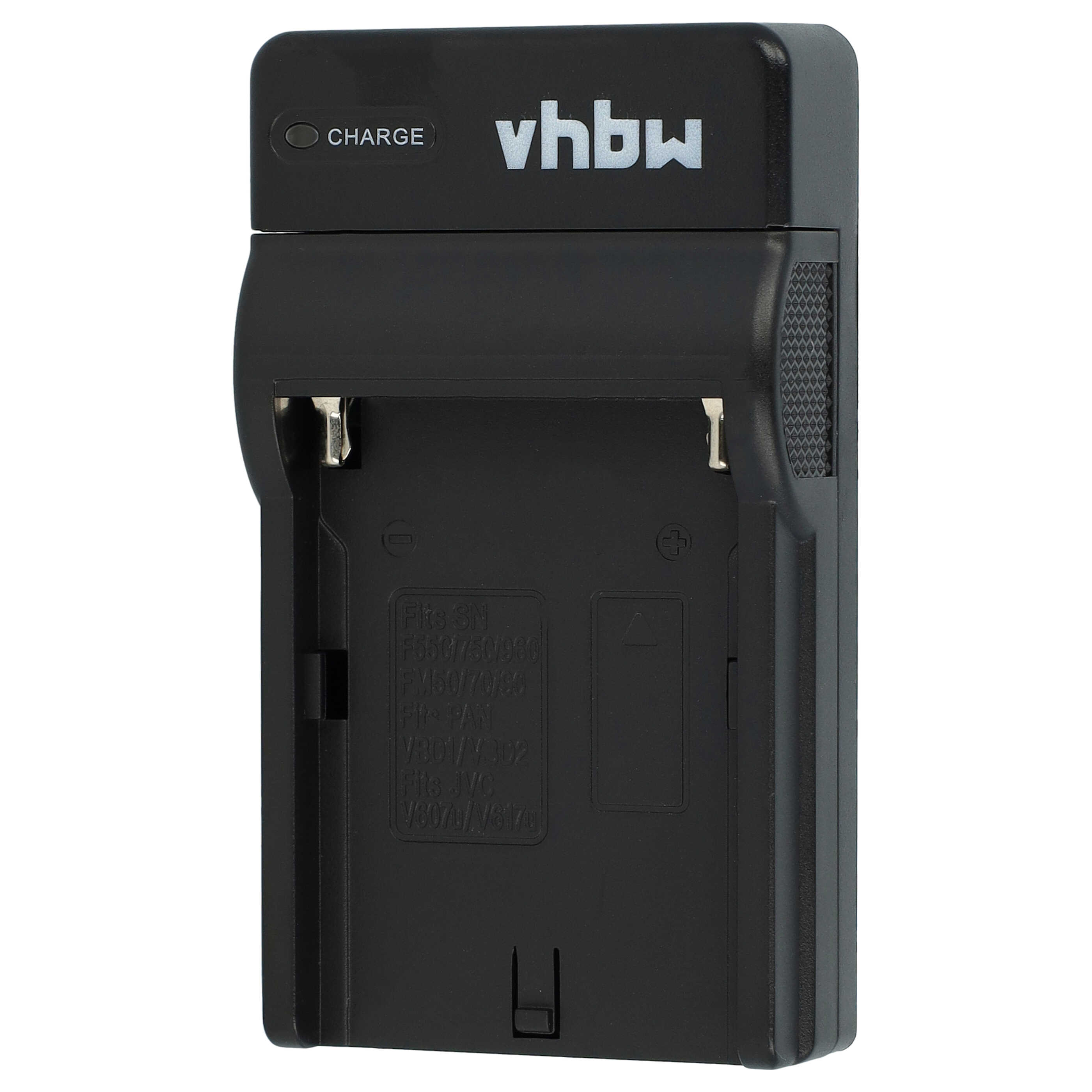 Ein schwarzes Batterieladegerät mit der Aufschrift "vhbw" und "CHARGE". Es hat einen Steckplatz und Text, der kompatible Batterien angibt.