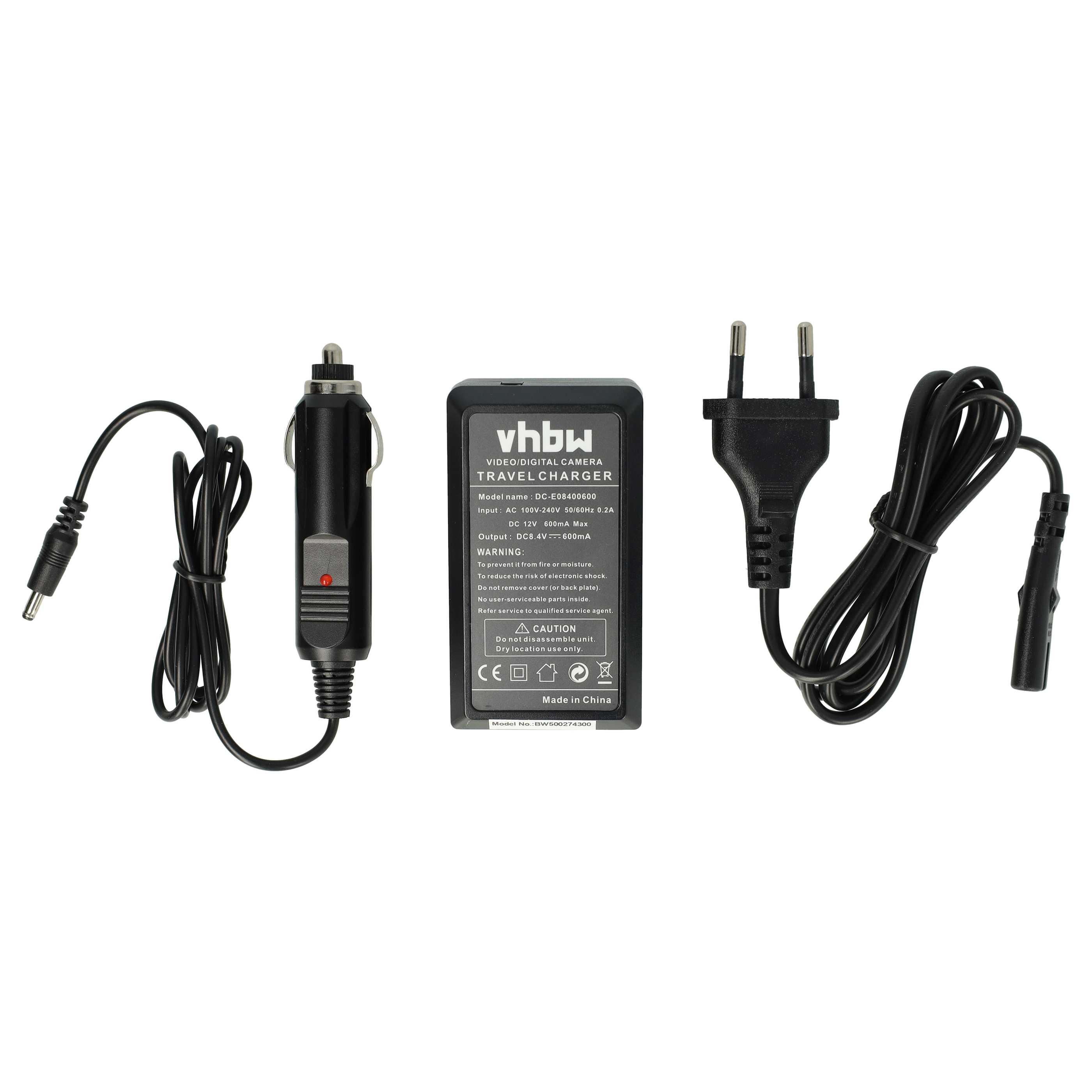 Ein schwarzes Kameragrößen-Ladegerät-Set mit Autoladegerät, Wandstecker und Ladegerät. Enthält Kabel und Sicherheitshinweise.