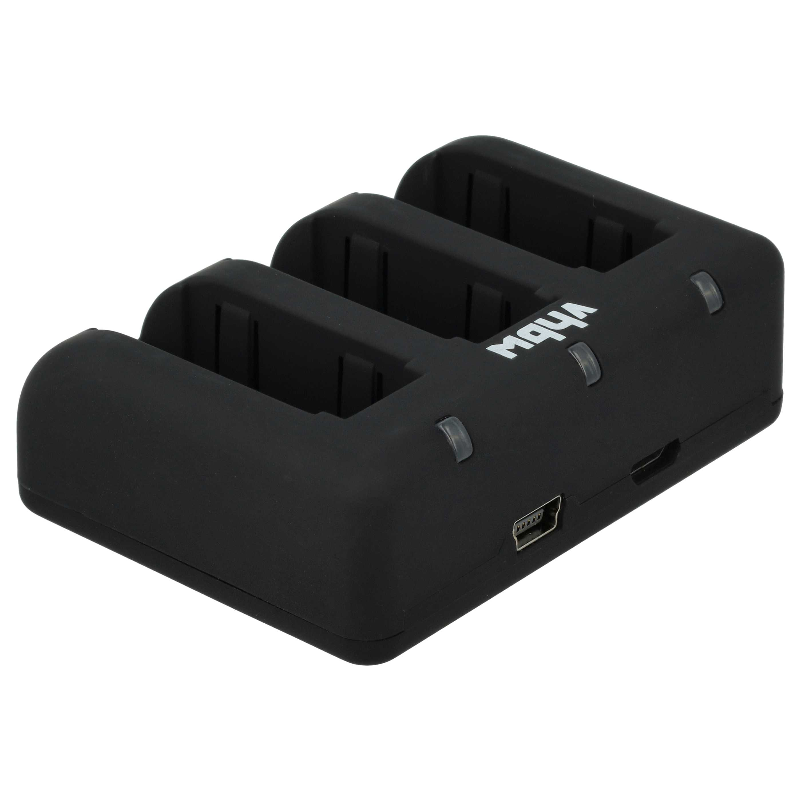 Ein schwarzes Batterieladegerät mit drei Schlitzen, einem USB-Anschluss und dem Markennamen 'Maha' auf weißem Grund.