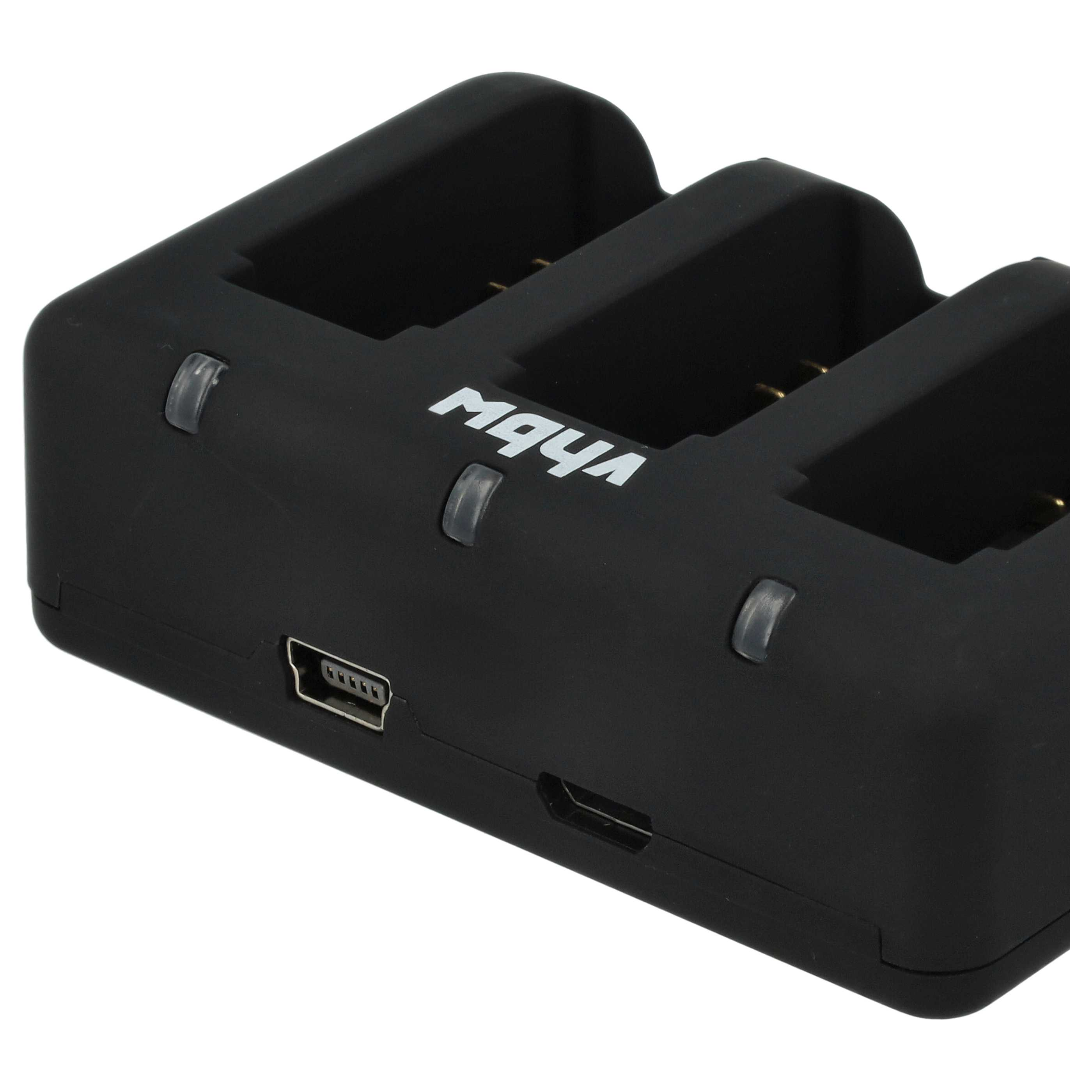 Ein schwarzes Batterieladegerät mit drei Schlitzen, einem USB-Anschluss und dem Markennamen in Weiß.