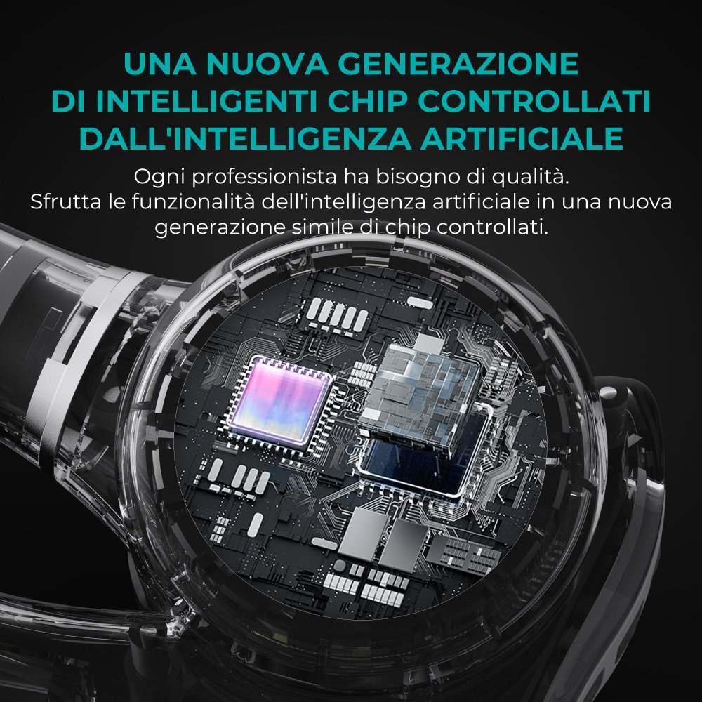 Primo piano di un circuito stampato. Il testo recita: Una nuova generazione di chip intelligenti controllati dall'intelligenza artificiale.