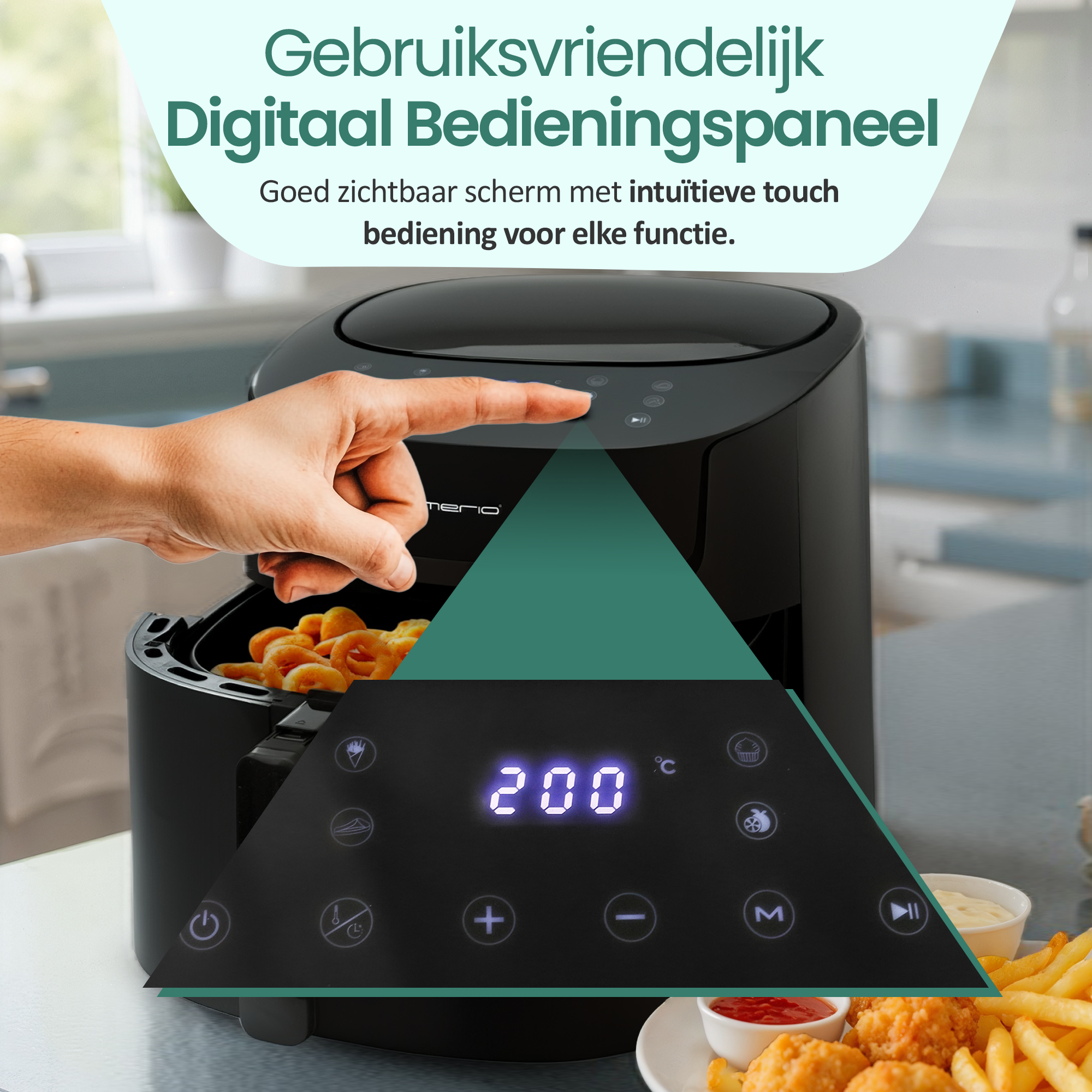 Czarna frytkownica powietrzna z ręką naciskającą przycisk. Wyświetlacz pokazuje 200 stopni. Smażone jedzenie w koszu i na talerzu.