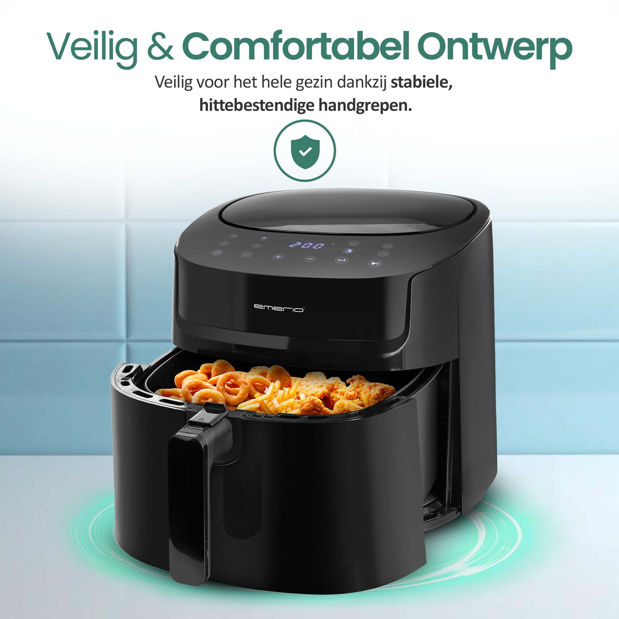 Czarna frytkownica powietrzna z jedzeniem w środku, otoczona zieloną aurą. Tekst: 'Veilig & Comfortabel Ontwerp'.