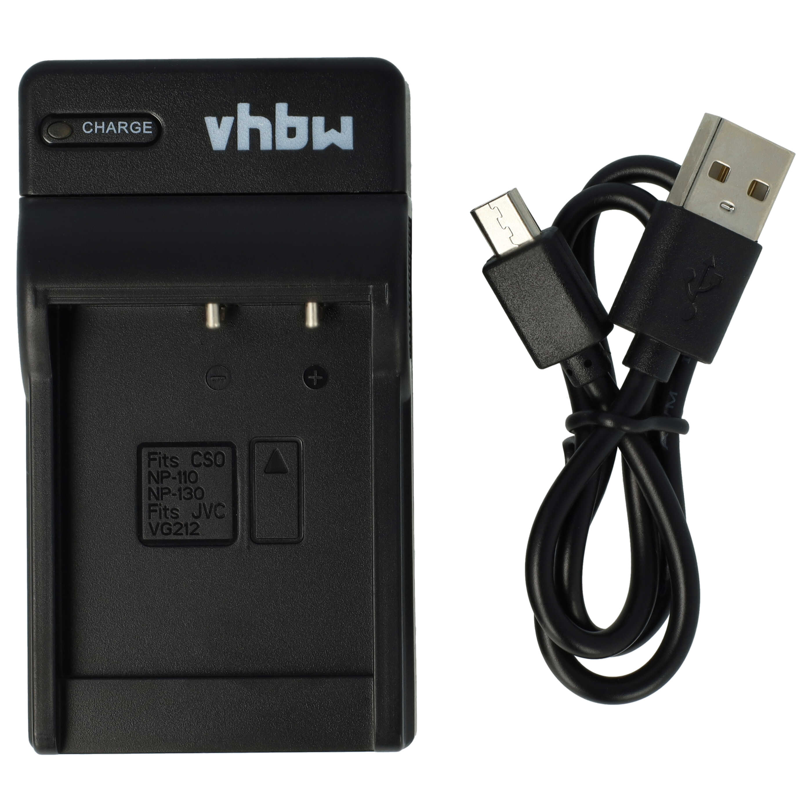 Ein schwarzes vhbw-Ladegerät mit einem angeschlossenen schwarzen USB-Kabel. Das Ladegerät hat eine 'CHARGE'-Anzeige.